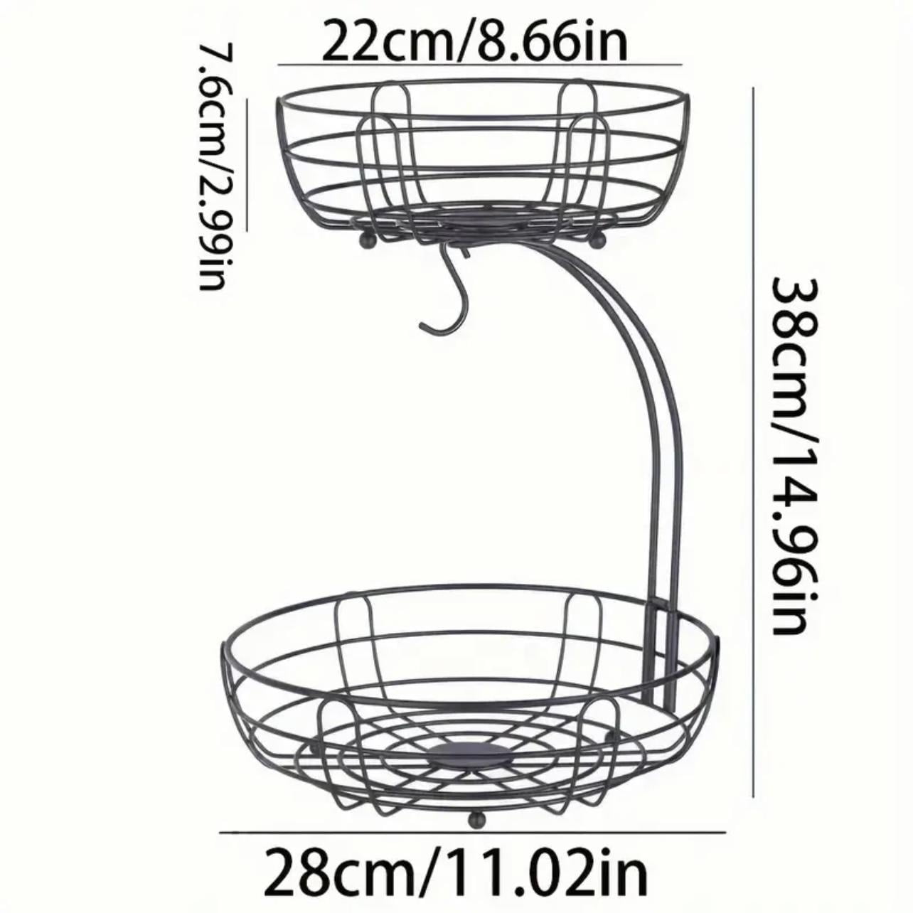 2-Tier Countertop Fruit Basket Bowl with Banana Hanger, Fruits Stand Holder Organizer, Bread Snack Veggies Basket, Metal Wire Vegetable and Fruit Produce Storage Baskets for Kitchen