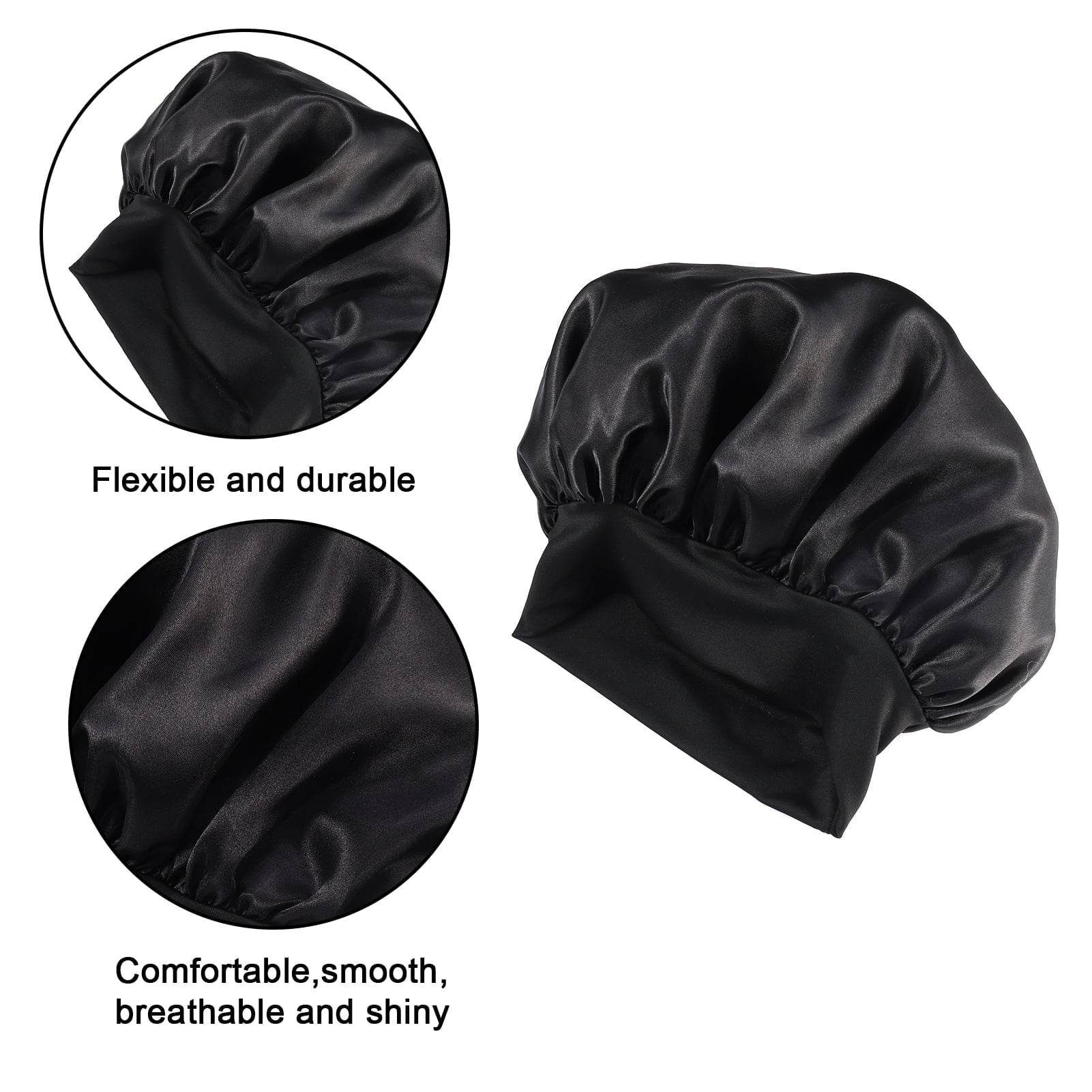 3 Pcs Satin Bonnet Hair Cap,Women Bonnets Adjustable Night Cap,Comfortable Wide Band for Braids Curly Long Hair (Black)