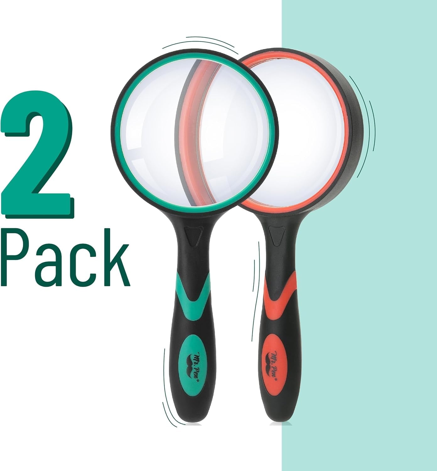 TIFOR- Magnifying Glass, 2 Pack, 10X Magnifier, 75mm Glass Lens, Magnifying Glass for Kids and Adults, Handheld Magnifying Glass, Magnifier for Reading, Magnifying Glasses for Close Work, Red&Green