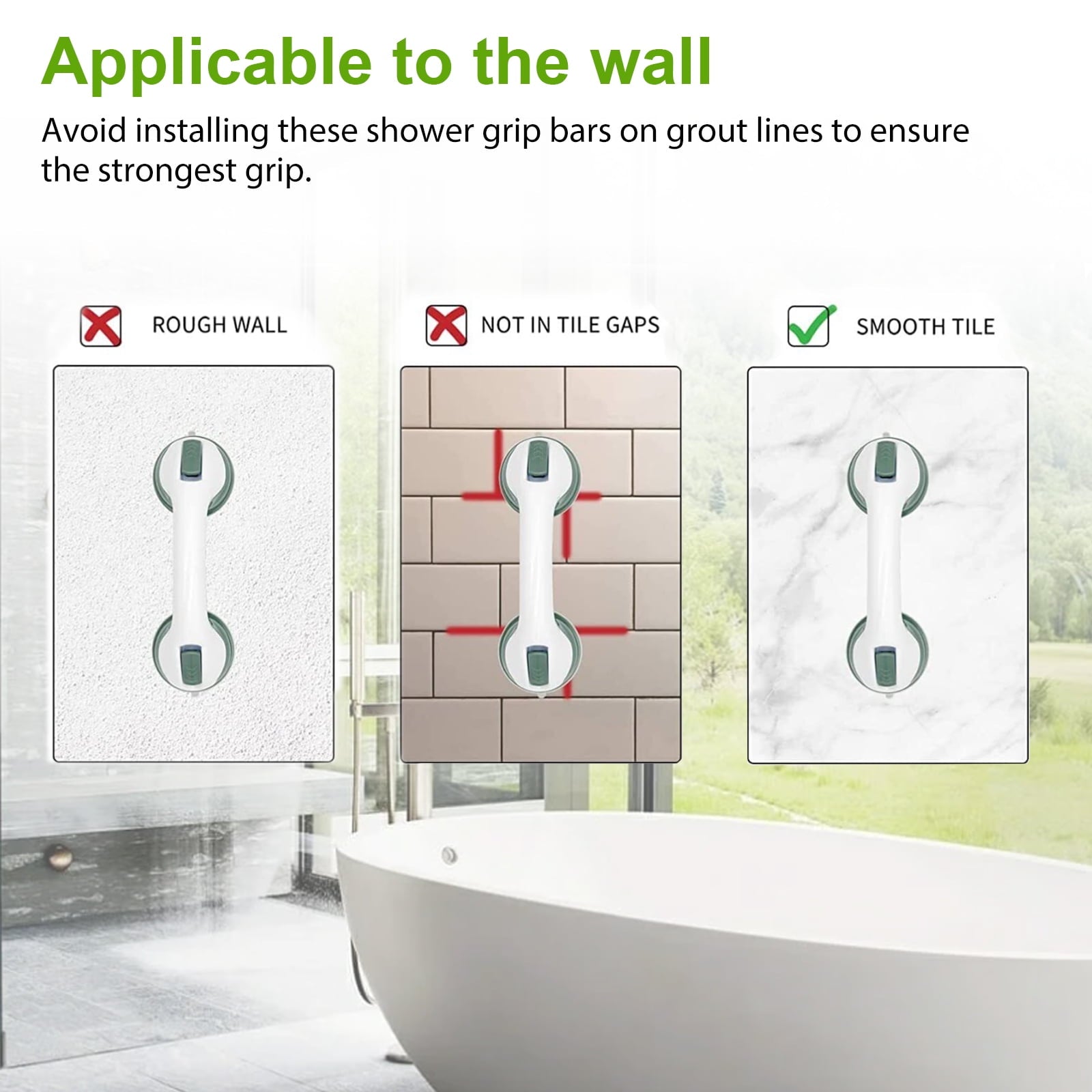2 Pcs Bathroom Shower Grab Bars, DISEN 12 Shower Handle, Safety Anti-Slip Bath Grip Hand Rail, Strong Hold Suction Bathroom Shower Support Balance Grip Bar for Elderly, Seniors