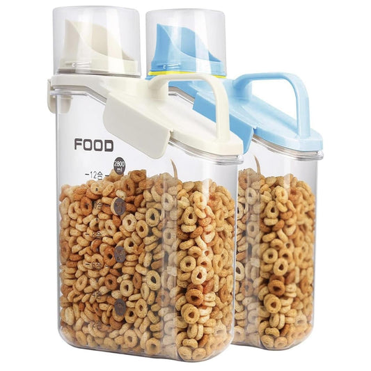 2Pack Cereal Containers Storage,2.8L Airtight Large Dry Food Storage Containers with Pouring Spout, Measuring Cup for Flour and Grain,BPA Free Plastic Dispenser ((2pcs) White-Blue-94oz)