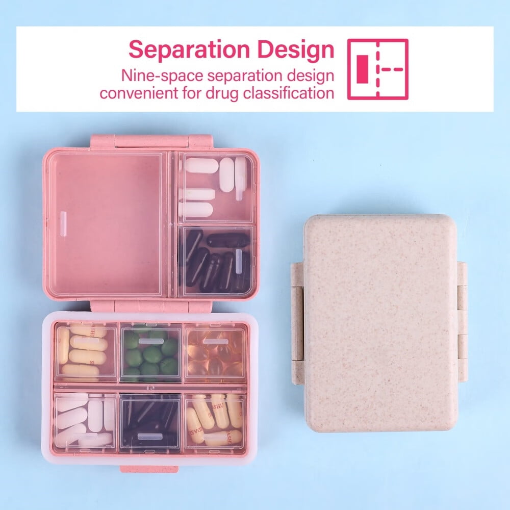 9-Grid Pill Organizer,Portable Pill Box,Large Capacity Compartments,Travel Pill Container,Medicine Dispenser,Pill Purse,Pill Case for Vitamins,Fish Oils or Supplements
