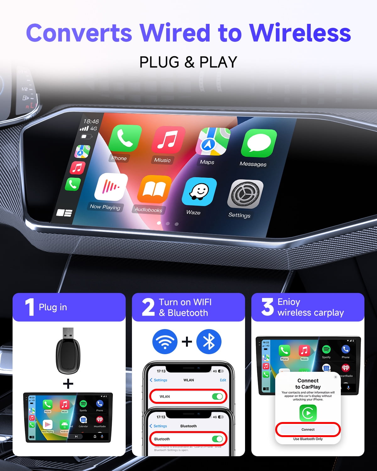 Wireless CarPlay Adapter 2025 Upgrade, Convert Wired to Wireless Apple CarPlay Adapter, Mini Size with Extension Cable USB & USB-C/Type-C, Stable Control & No Delay, Black