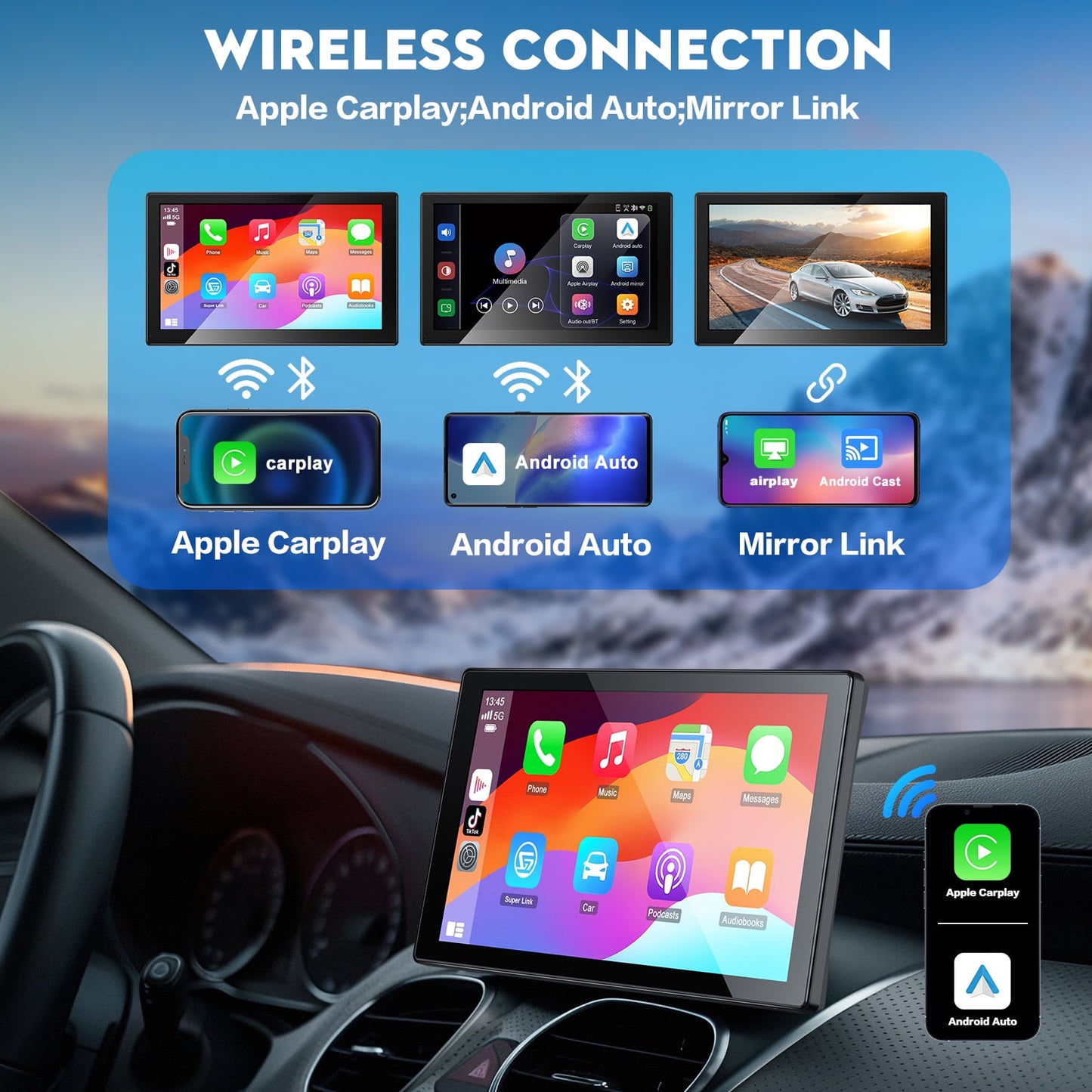 HOMPOW Wireless Apple Carplay Touchscreen 9 Inch with 4K Dash Cam,Portable Car Stereo Receiver  with 1080P Backup Camera,GPS Navigation, Bluetooth,Carplay with 64GB TF Card for All Vehicles