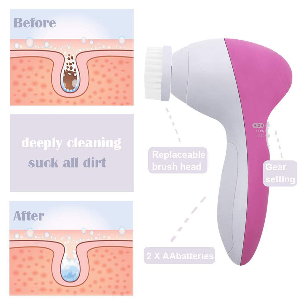 1 Set 5 in 1 Facial Cleansing Brush Face Scrubber with 5 Heads Electric Gentle exfoliating for Spin Cleanser Device,Massaging and Deep Cleansing Women & Men Blue(Pink)