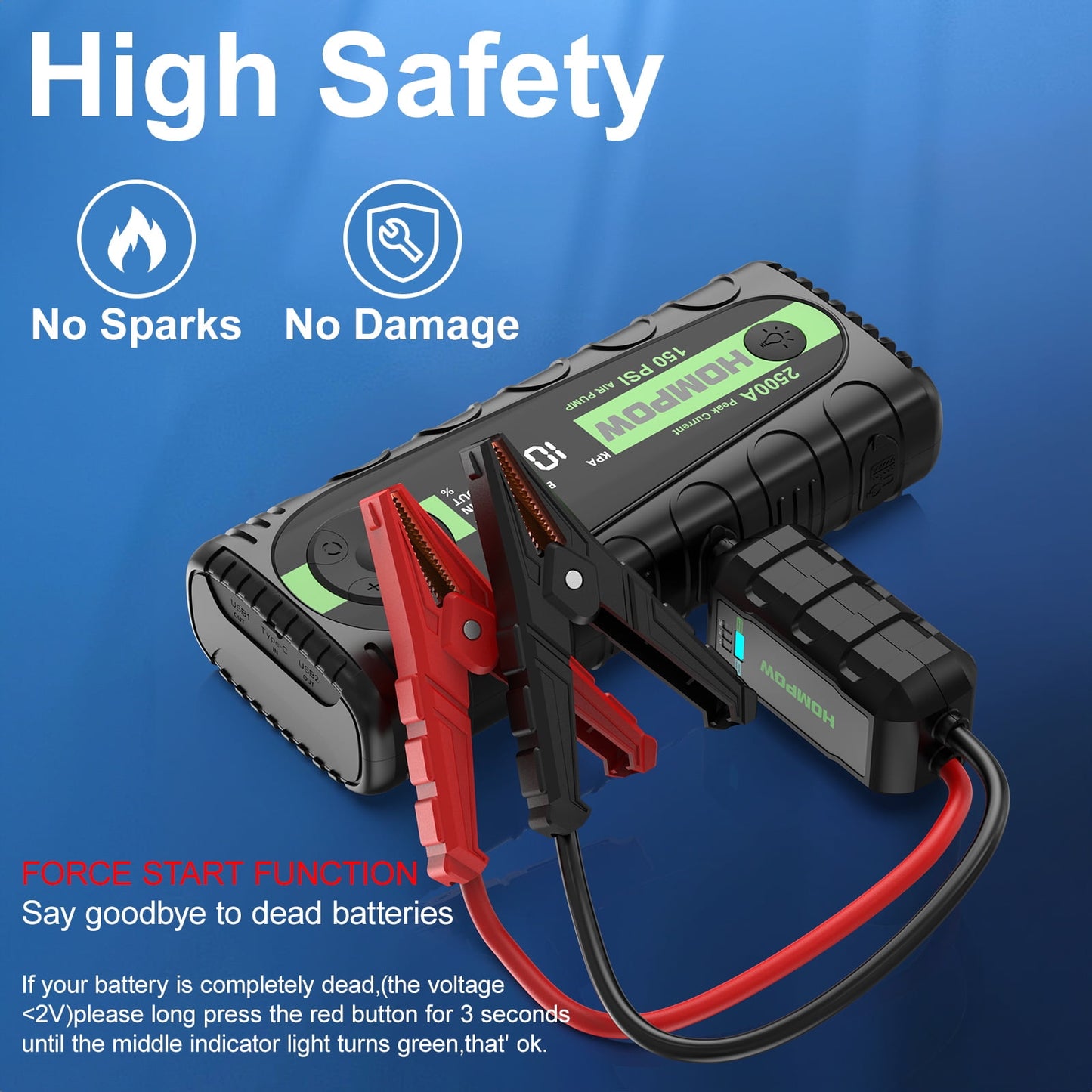 HOMPOW T31 Jump Starter with Air Compressor 2500A Portable Battery Booster with Digital Tire Inflator