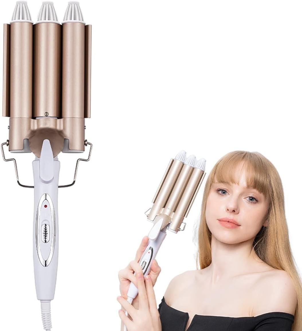 3 Barrel Curling Iron Hair Wand Dual Voltage Hair Crimper, 1 Inch Ceramic Tourmaline Triple Barrels, Temperature Adjustable Portable Hair Waver Heats Up Quickly for Women & Girls(Gold)