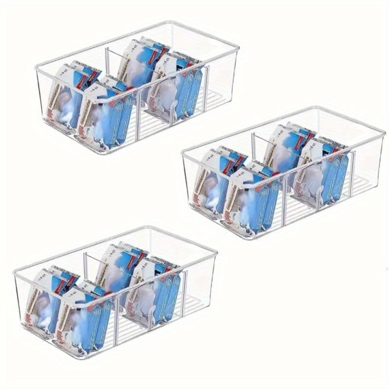 3 Pack Food Storage Organizer Bins, Clear Plastic Bins for Pantry, Kitchen, Fridge, Cabinet Organization and Storage, 4 Compartment Holder Packets, Snacks, Pouches, Spice Packets