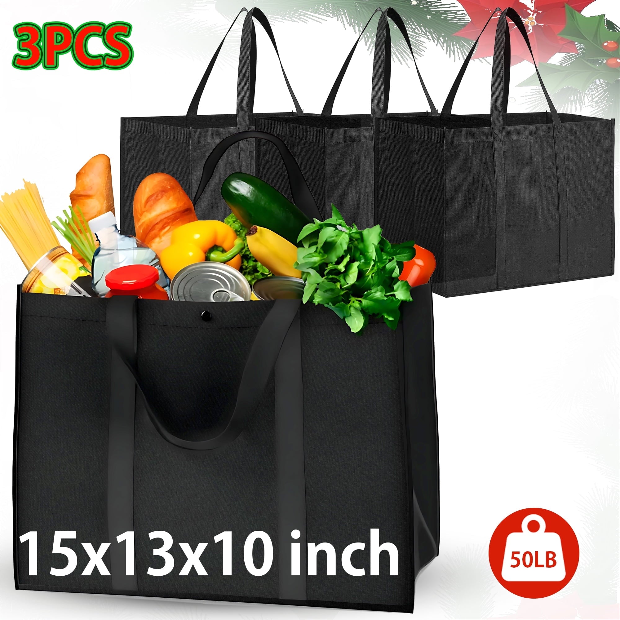 3 Pack Reusable Grocery Bags, Foldable Shopping Cart Bags, Washable Large Storage Reusable Bags, Grocery Tote Bag with Reinforced Handles & Thick Plastic Support Bottom