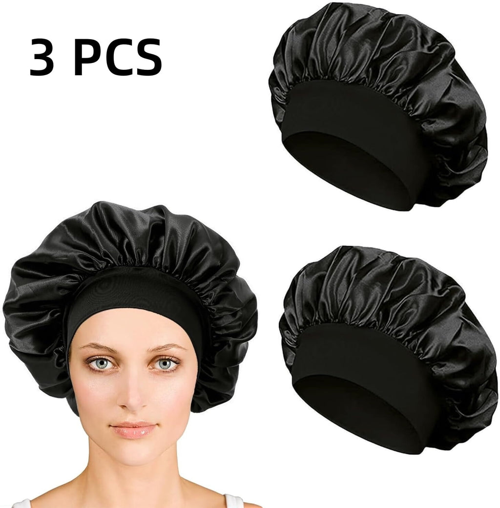 3 Pcs Satin Bonnet Hair Cap,Women Bonnets Adjustable Night Cap,Comfortable Wide Band for Braids Curly Long Hair (Black)