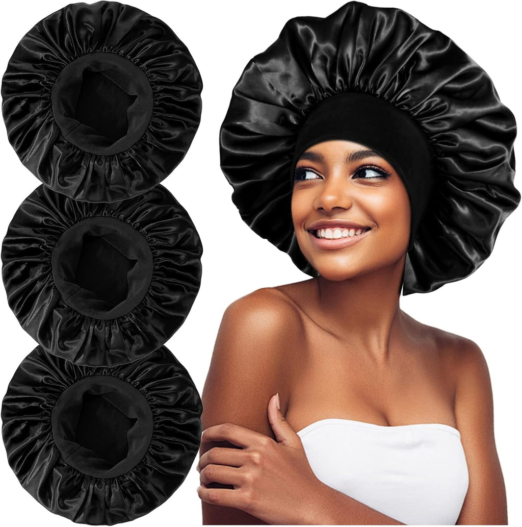 3 Pcs Silk Hair Bonnet with Wide Elastic Band,Hair Bonnet For Sleeping,Bonnet,Soft And Comfortable Silk Sleep Cap(Black)