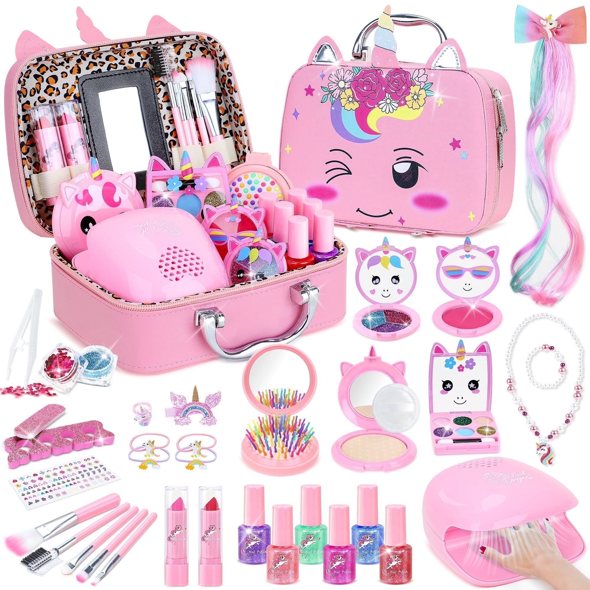 PERRYHOME 2 In 1 Kids Washable Makeup Girls Toys & Kids Nail Polish Set for Girls, Non-Toxic Quick Dry Nail Art Salon Kit with Nail Dryer and Peelable Nail Polish, Ideal Gift Toys for Girls Age 3-12
