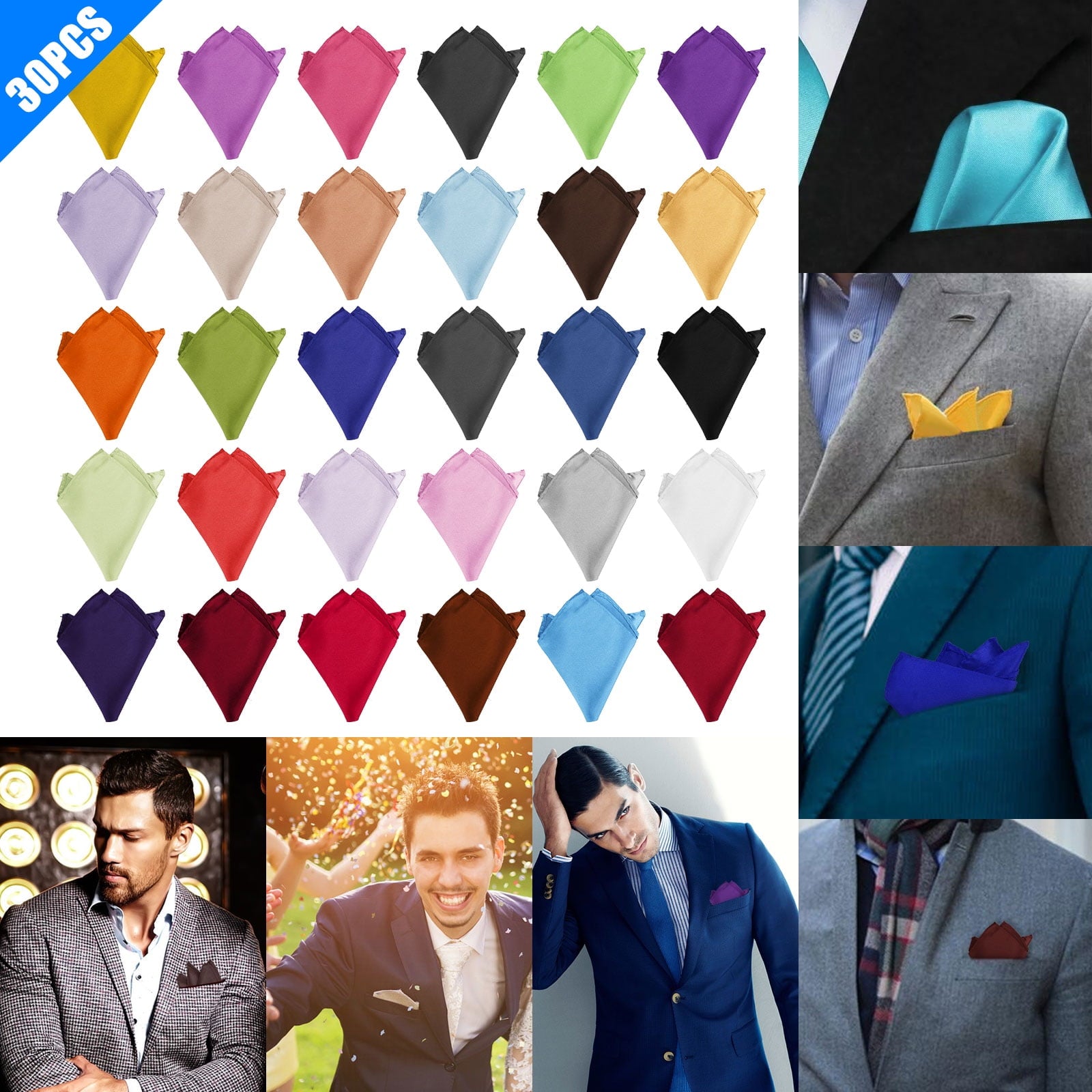30pcs Men's Soft Polyester Handkerchiefs, DISEN Classic and Vintage Hankies, Assorted Colors Pocket Square, 8.7x8.7