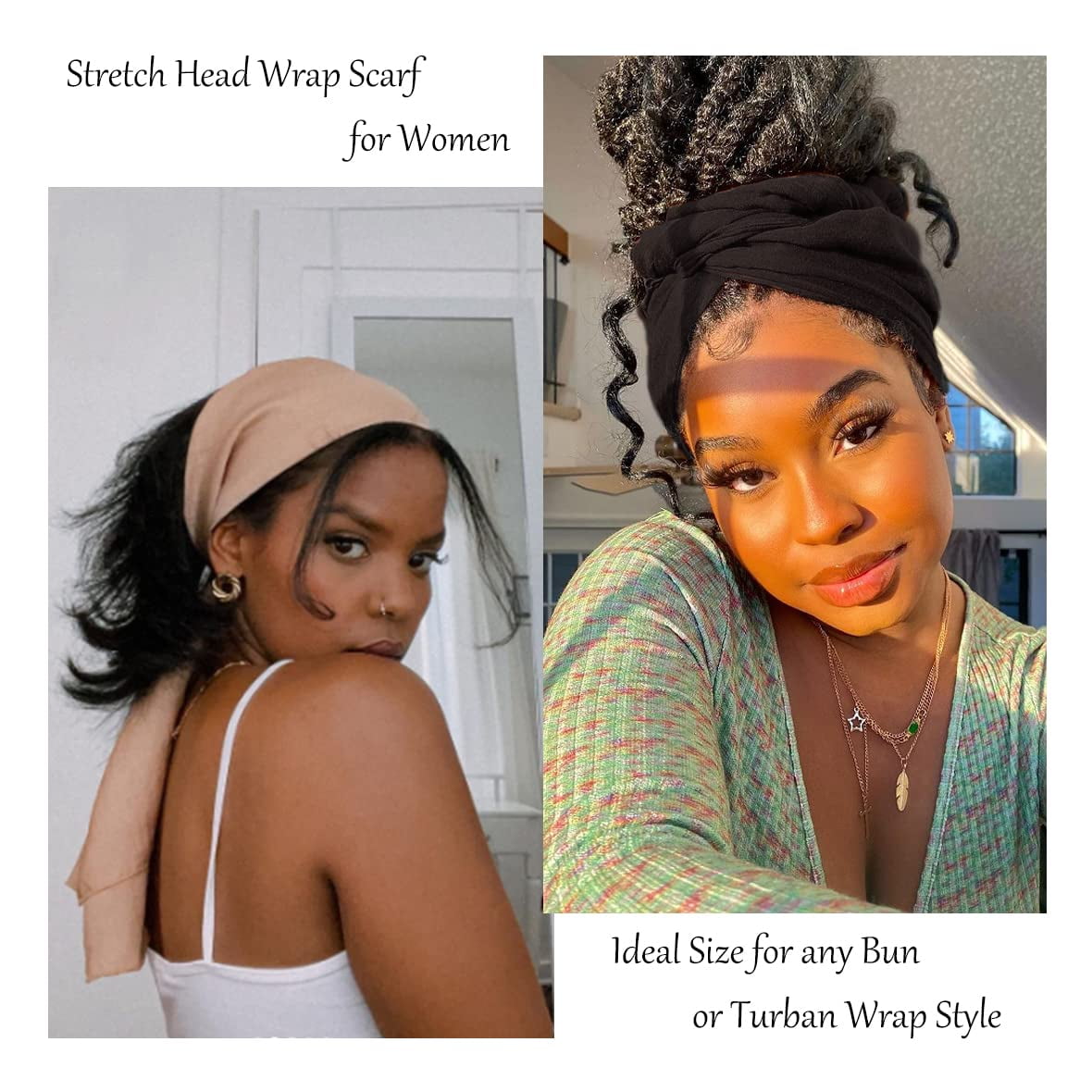 ZOUYUE Stretch Jersey Turban Head Wraps Long Solid Color African Shawl Hair Scarfs Lightweight Breathable Head Bands Ties for Black Women(Black)