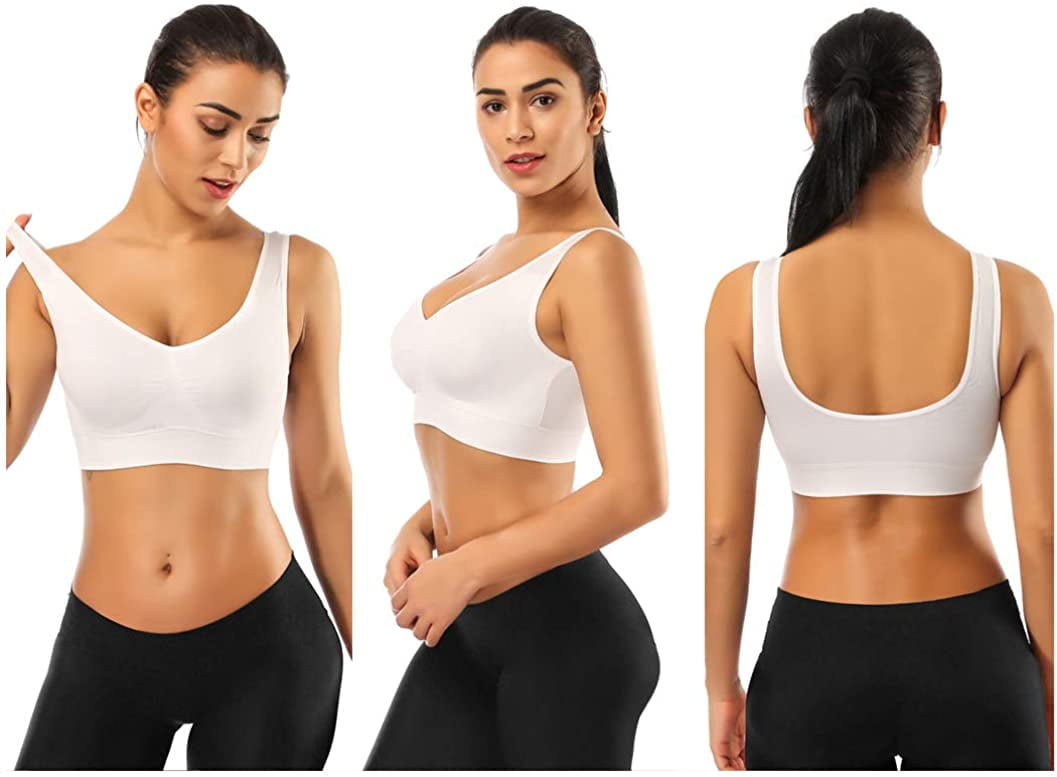 3 Pack Sports Bras for Women,Seamless Comfortable Bras Set with Removable Pads for Sleep,Pull on Closure,Black+White+Nude,M