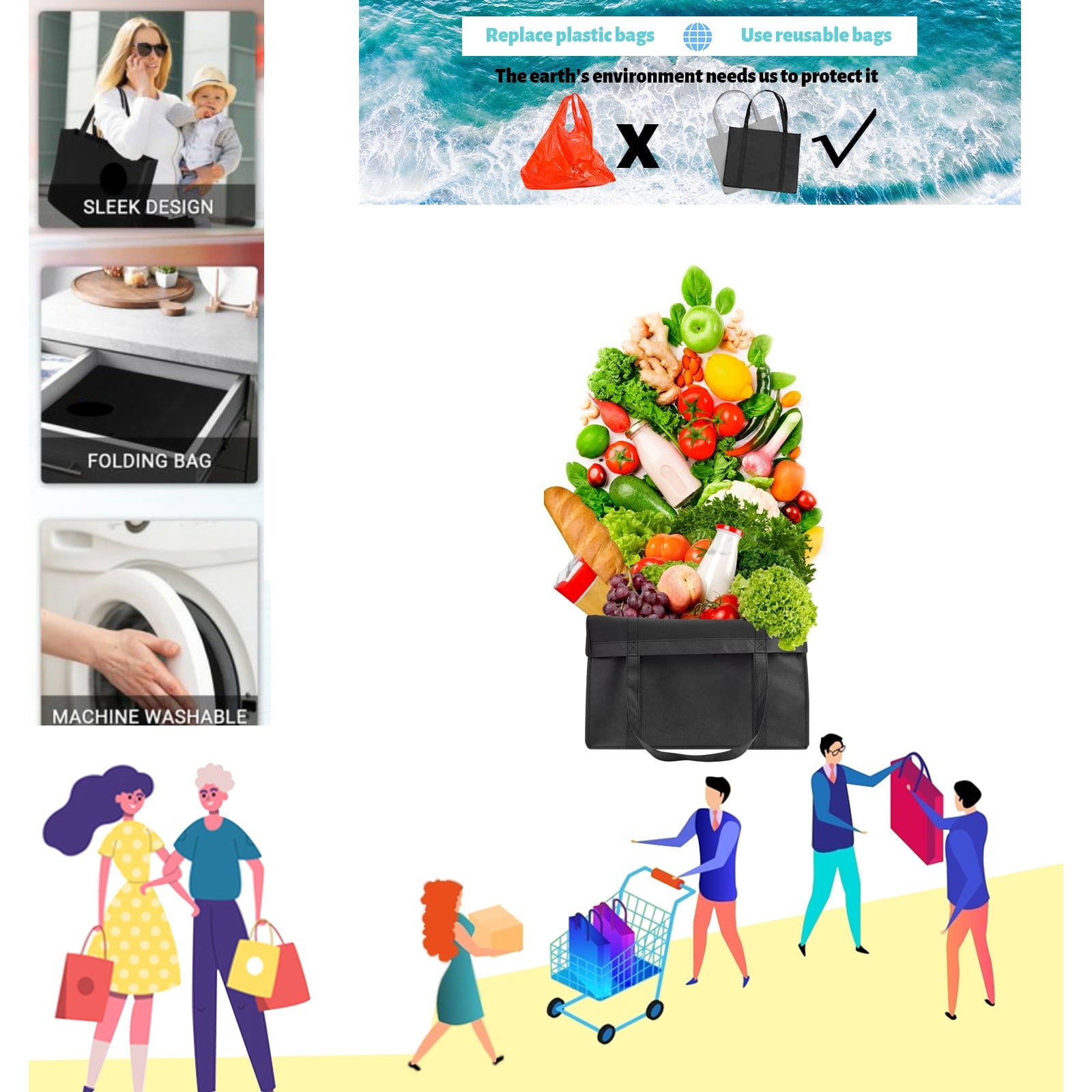 Set of 3 Reusable Grocery Bags,Large Foldable Heavy Duty Bag, Shopping Tote Produce Bag with Reinforced Handles & Thick Plastic Support Bottom, Black Washable Storage