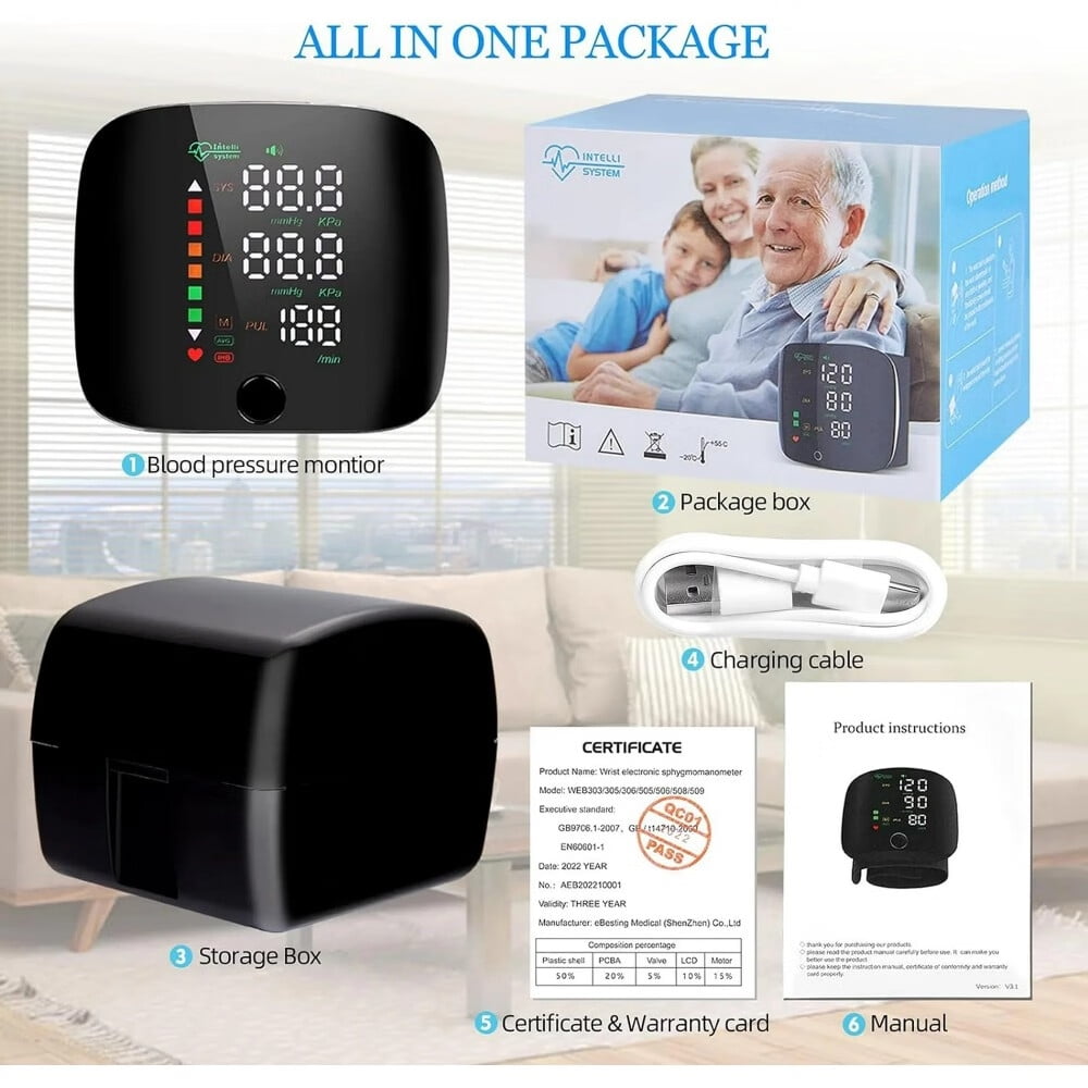 Blood Pressure Monitor,2 x 99 Readings Digital Rechargeable Blood Pressure Machine,USB Charging, Adjustable Wrist Cuff, Ideal for Home and Hospital