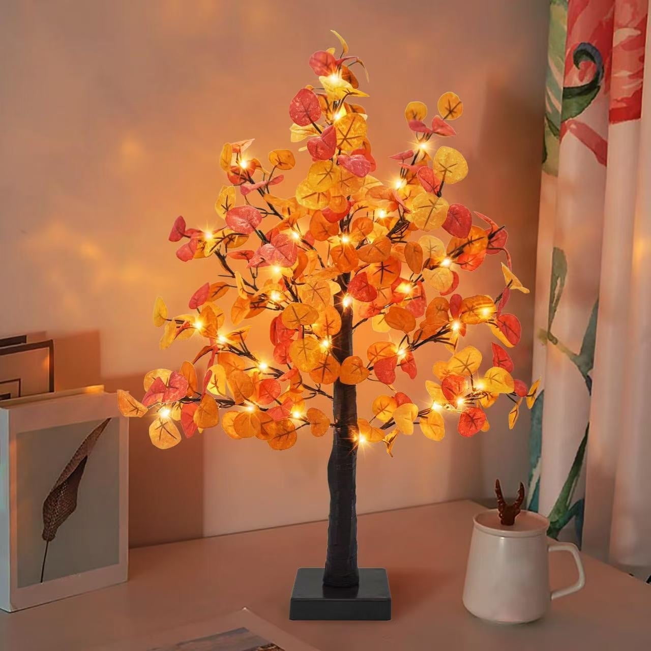 simeccom Artificial Fall Decorations for Home, 24 Inch 55 LED Artificial Fall Maple Leaves Table Tree Lights Indoor Home Wedding Harvest Autumn Thanksgiving Decor