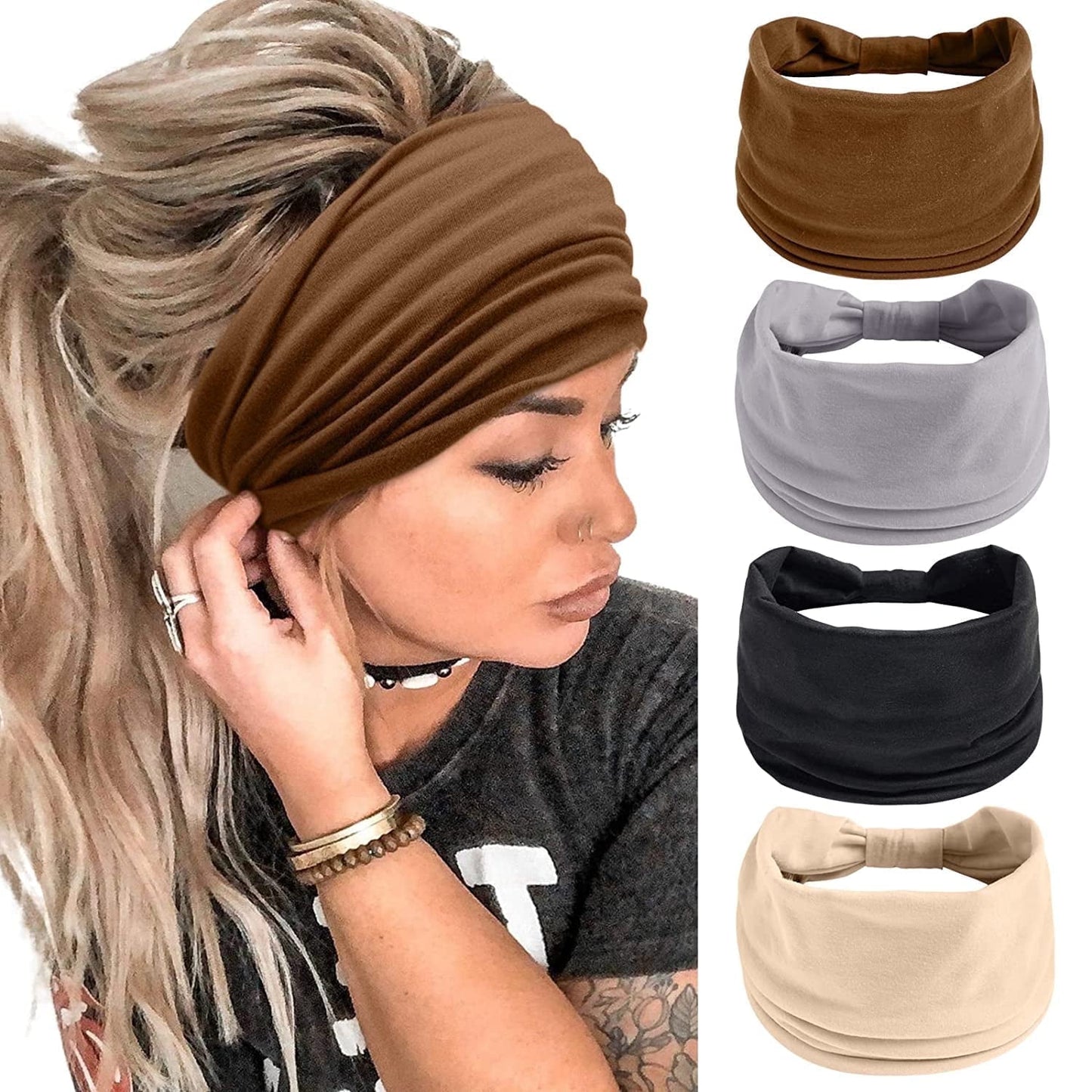 4 Pack Wide Headbands for Women Black Stylish Head Wraps Boho Thick Hairbands Large African Sport Yoga Turban Headband Hair Accessories