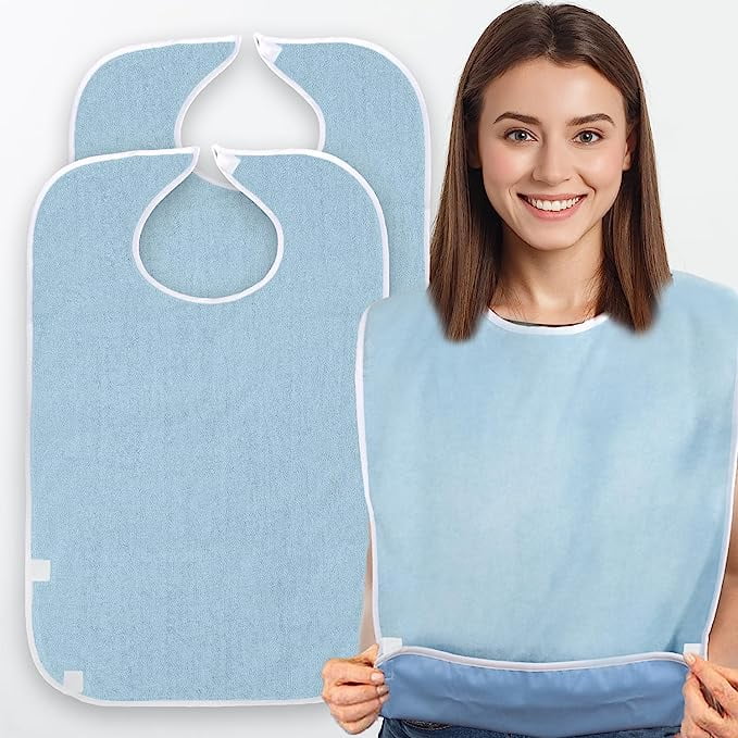 3 Pack Terry Cloth Bibs for Adults,Senior Citizens,Special Needs,and Hospice or Personal Care,Built-In Crumb Catcher and Clothing Protector,Washable and Reusable
