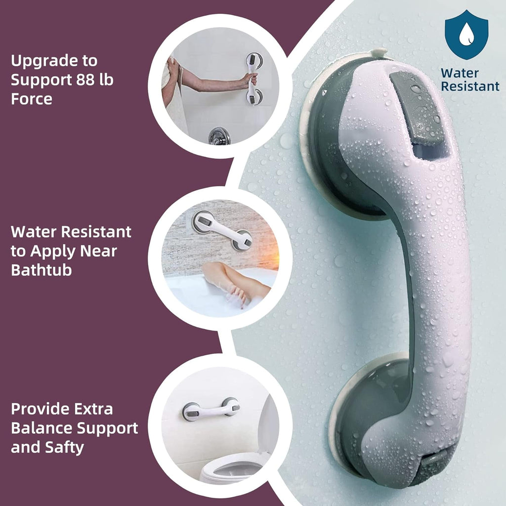 2 Pack Shower Grab Bars - TIFOR 12 Inch Grey Suction Bar Handles for Elderly, Seniors, Handicap, Safety Balance Assist Grip for Bathtubs, Bathroom, Toilet - Anti-Slip, Shower Handles Hand Rail