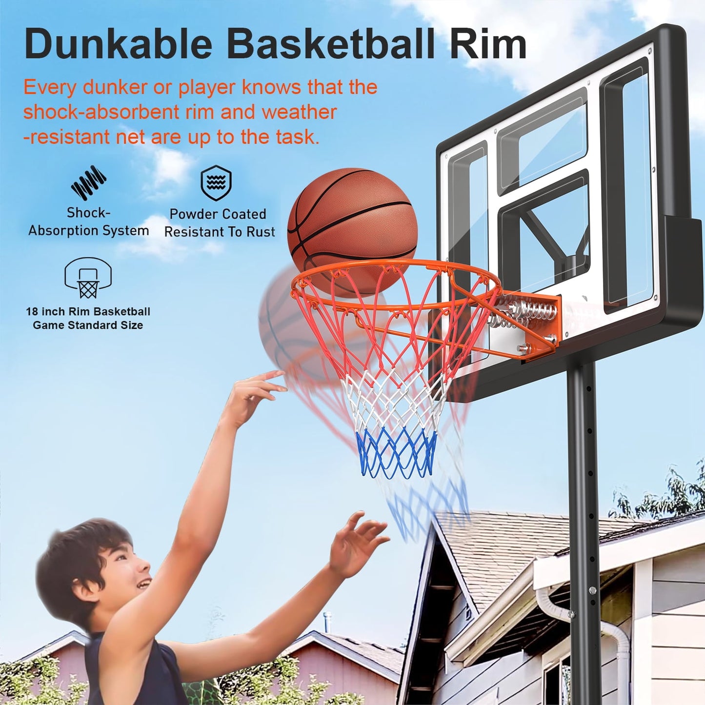 Qunler 44" Basketball Hoop, 4.4-10ft Height Adjustable Portable Basketball Goal System with Shatterproof PVC Backboard and 18" Rim, Kids Adults Basketball Court Indoor Outdoor