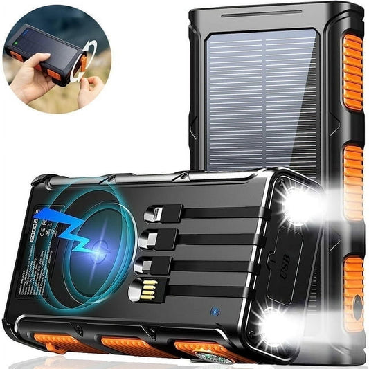 45800mAh Solar Power Bank Built in Hand Crank & 4 Cables,USB Solar Battery Pack with Wireless Charging, 15W Fast Charging Portable Solar Charger for Cell Phone