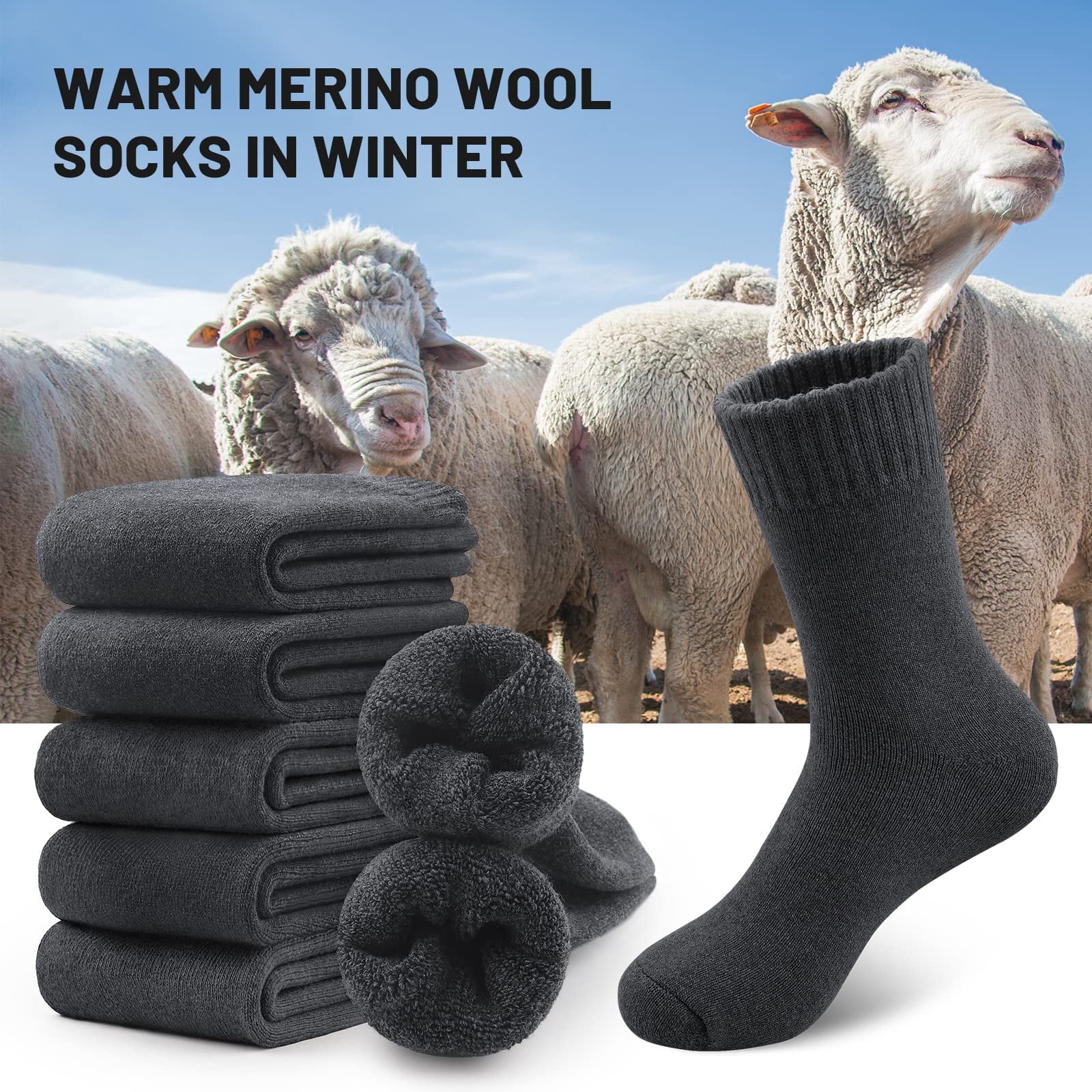 Merino Wool Hiking Socks 5 Pairs for Men & Women Thermal Winter Warm Moisture Wicking Cushion Boot Socks