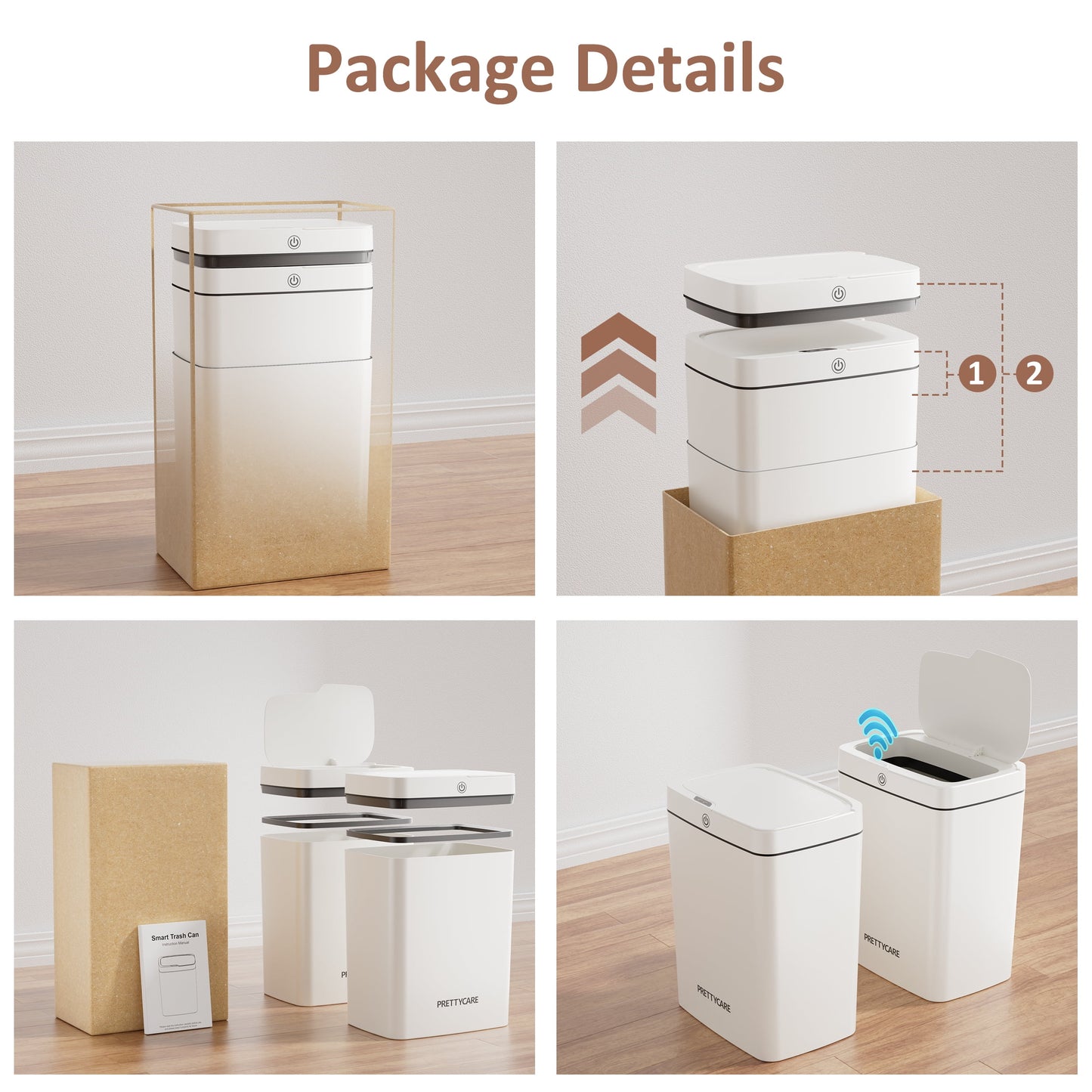 PrettyCare 2 Packs Trash Cans, 4.6 Gal Automatic With Lid Touchless Small Garbage Can, for Kitchen,Living Room,Bedroom, Bathroom, White, GW01