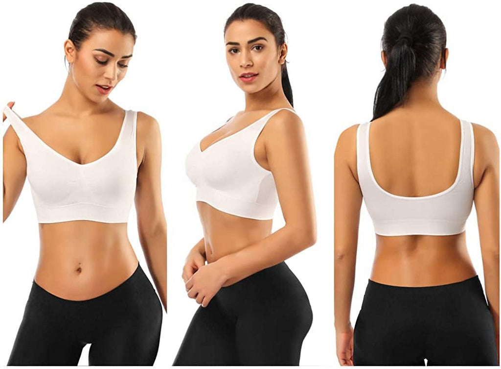 3 Pack Sports Bras for Women,Seamless Comfortable Bras Set with Removable Pads for Sleep,Pull on Closure,Black+White+Nude,XL
