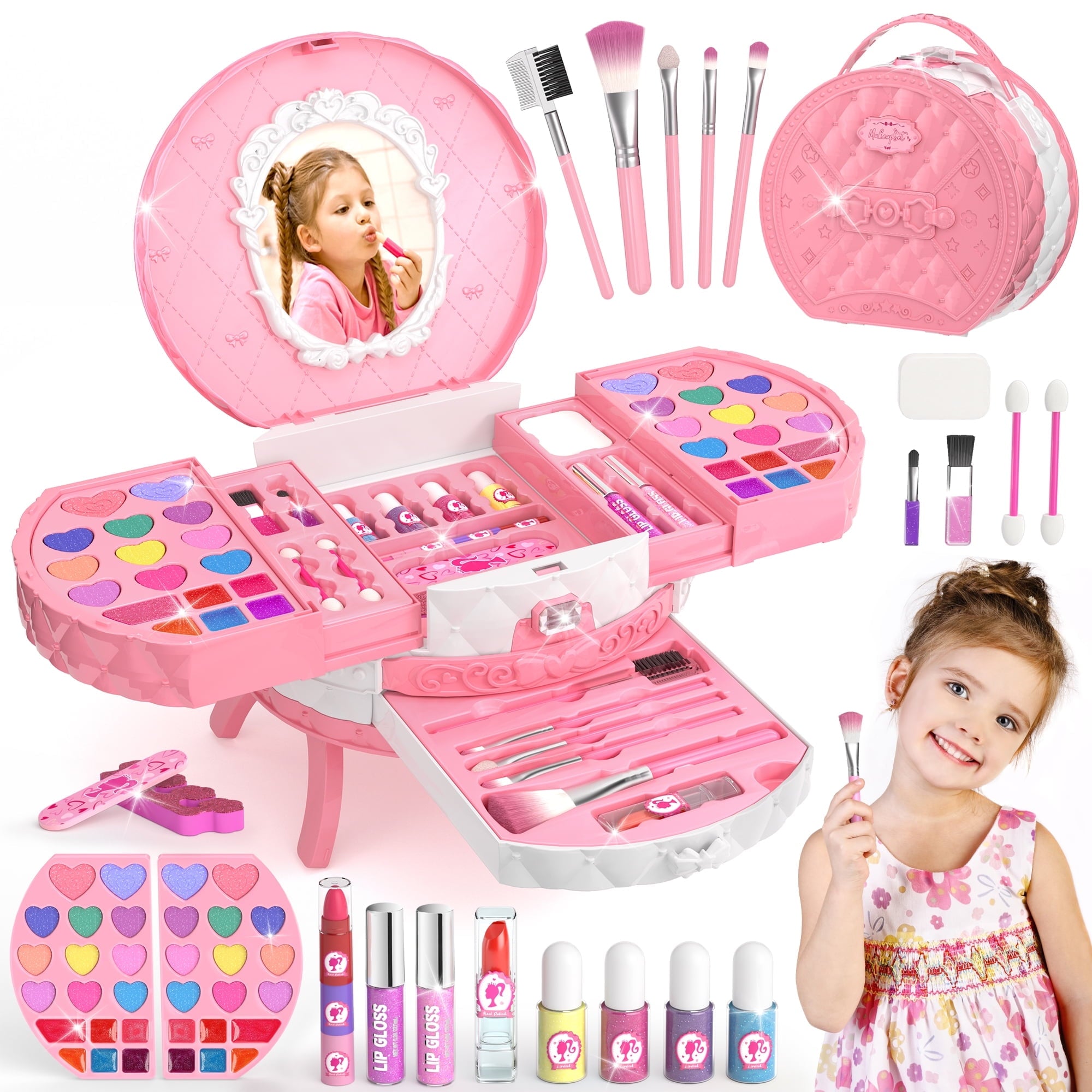 PERRYHOME Kids Makeup Kit for Girl, Washable Makeup Set for Little Girls, Cosmetic Set Pretend Play Makeup Toy Beauty Set Christmas & Birthday Gift Princess Toys for 3 4 5 6 7 8 9 10 11 12 Year
