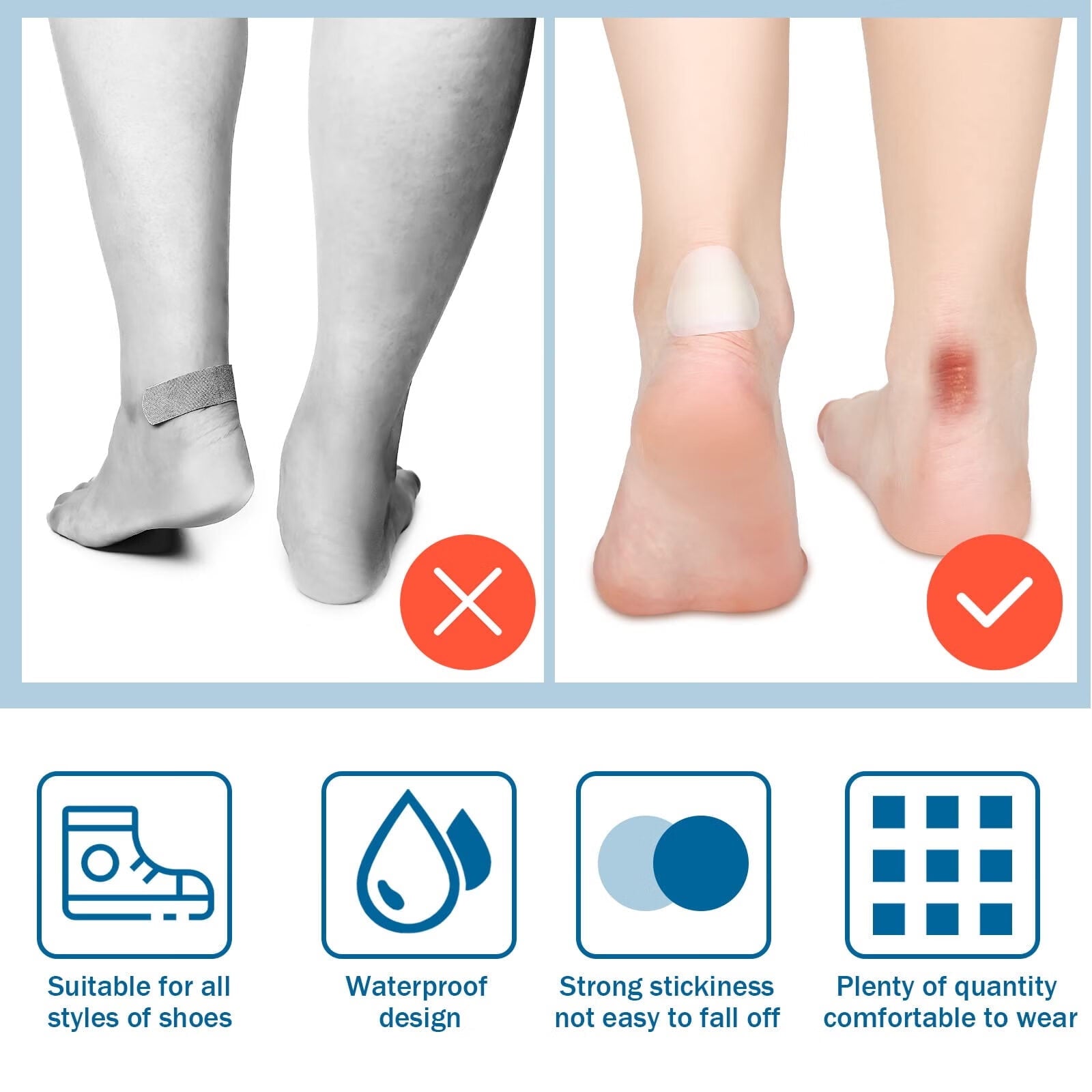 100 Pcs Blister Bandages Hydrocolloid Blister Pads for Heel Waterproof Adhesive Bandages Gel Blister Patches Protectors for Feet Toes Blister Prevention (Single Style)