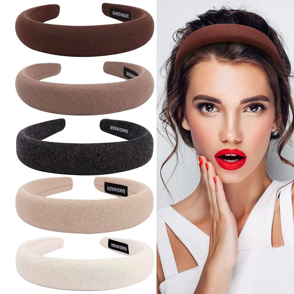 5 Pack Headbands for Women Padded Headband for Girls Thick Wide Headabnds Velvet Womens Vintage Headbands Assorted 90s Headband Puffy Sponge Headbands Head Band Hair Band Accessories for Women Girls