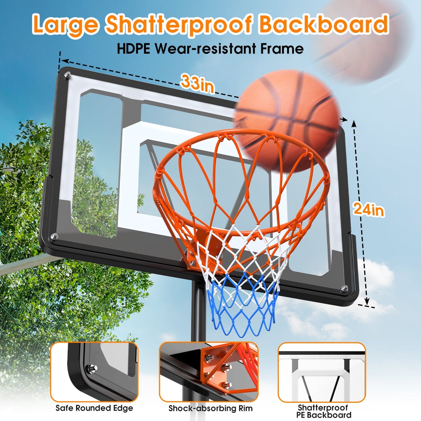 Basketball Hoop with 5-8ft Adjustable Height for Kids Teenagers Youth Junior, 33'' Portable Basketball Hoop with Stand & Backboard Wheels for Basketball Goals Indoor Outdoor Play