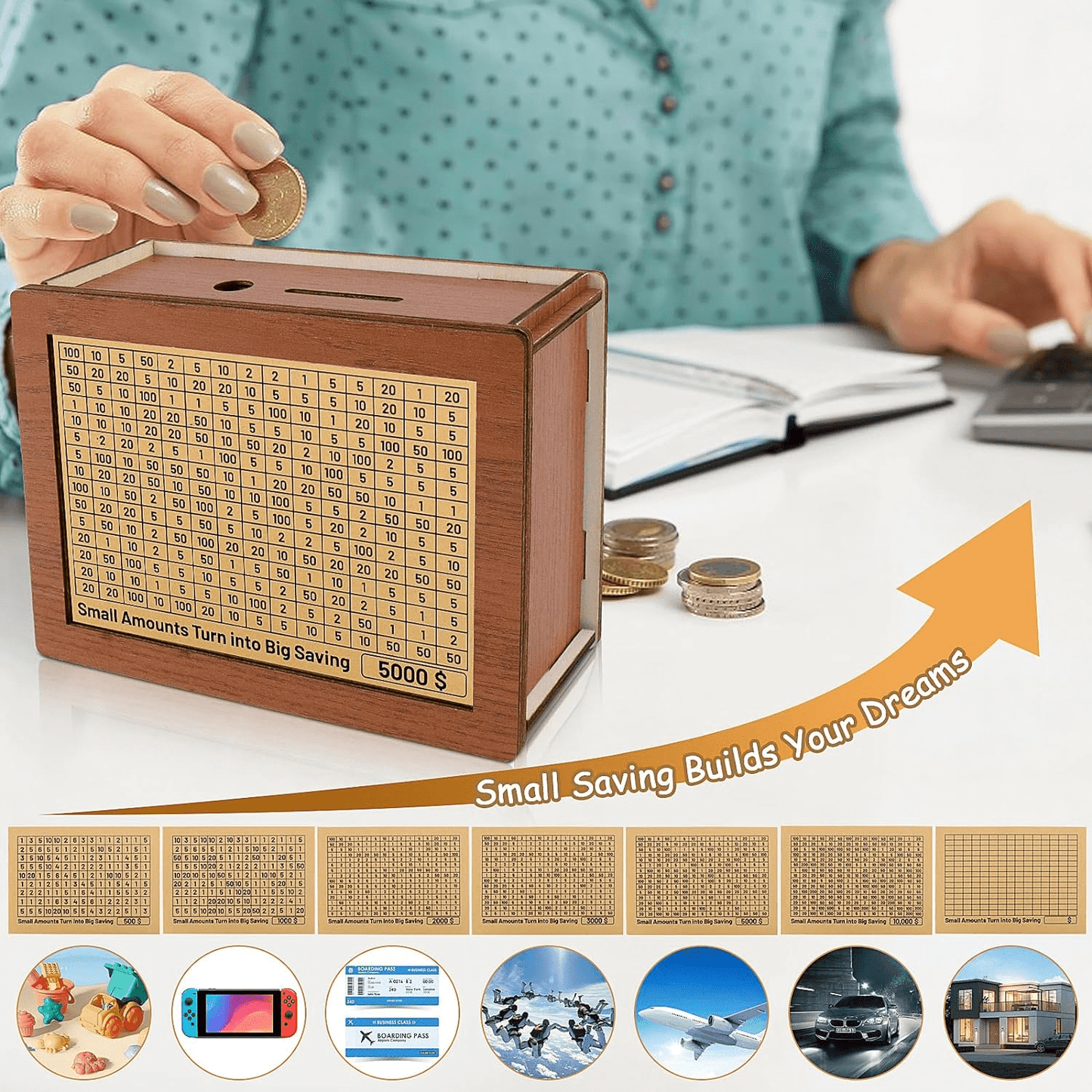 Vongem 10000 Savings Challenge Box, Wooden Money Box for Cash, Money Saving Box with Couting Target, Piggy Bank for Adults Kids, Coin Bank for Boys and Girls, Wooden Cash Savings Box for Savings Goal