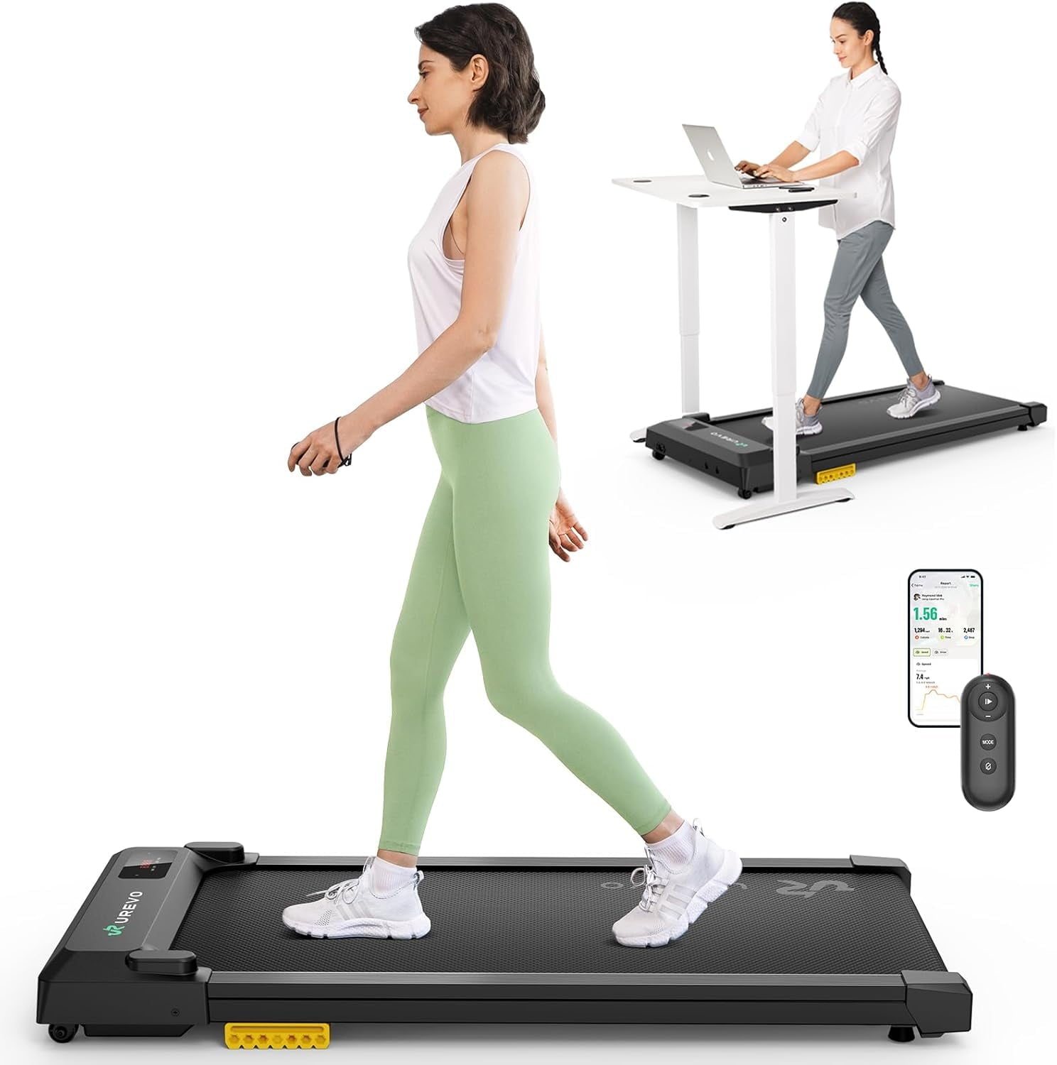 UREVO Spacewalk E1L Smart Walking Pad, Compact Under Desk Treadmill with Double Shock Absorption, Quiet Operation, Workout APP with Track Insights and MIIT Mode, Remote or APP Control for Home Office