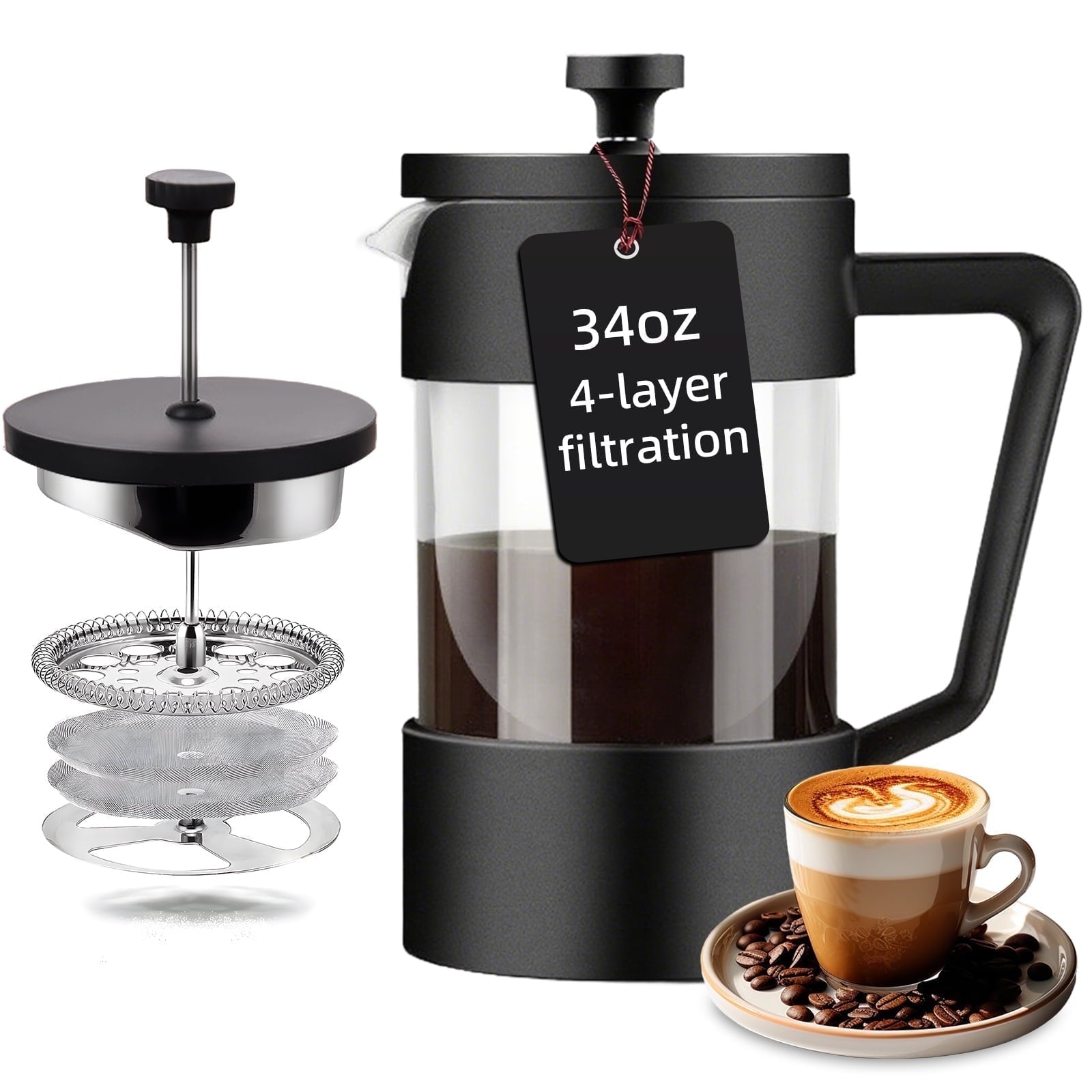 Acarner French Press Coffee Maker 34 oz, Cold Brew Coffee Make, Heat Resistant Thick Borosilicate Glass French Presses with 4-Level Filtration, Ice Tea and Coffee Glass Pitcher
