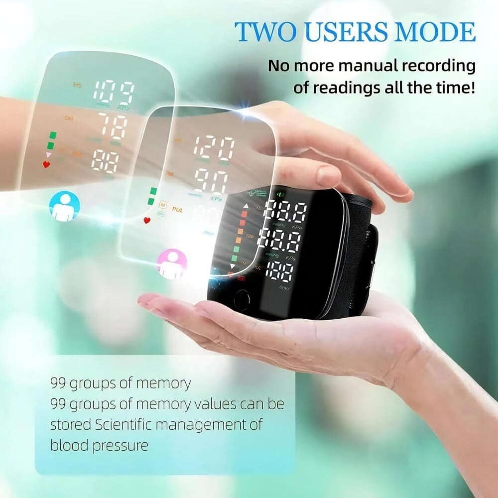 Blood Pressure Monitor,2 x 99 Readings Digital Rechargeable Blood Pressure Machine,USB Charging, Adjustable Wrist Cuff, Ideal for Home and Hospital