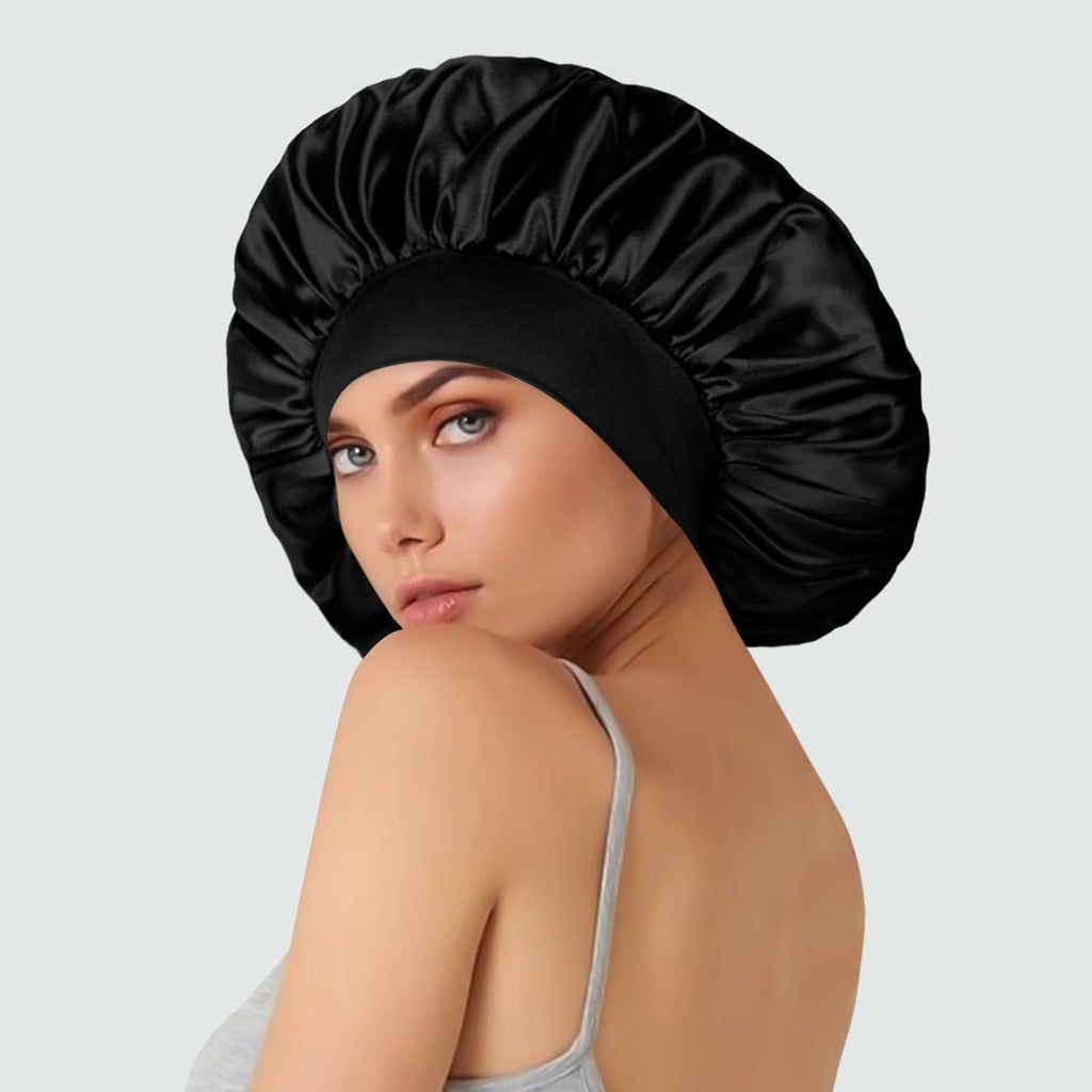 3 Pcs Silk Hair Bonnet with Wide Elastic Band,Hair Bonnet For Sleeping,Bonnet,Soft And Comfortable Silk Sleep Cap(Black)