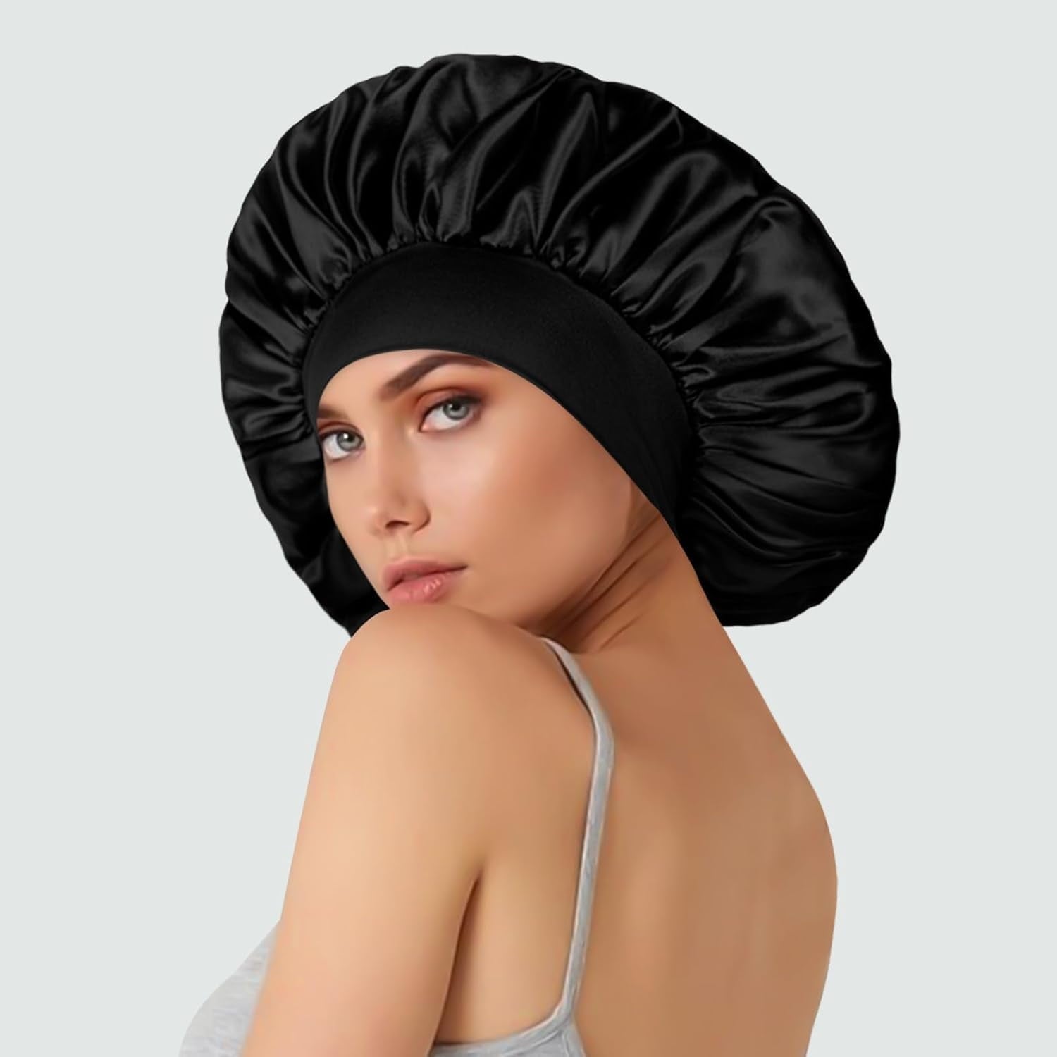 3 Pcs Silk Hair Bonnet with Wide Elastic Band,Hair Bonnet For Sleeping,Bonnet,Soft And Comfortable Silk Sleep Cap(Black)