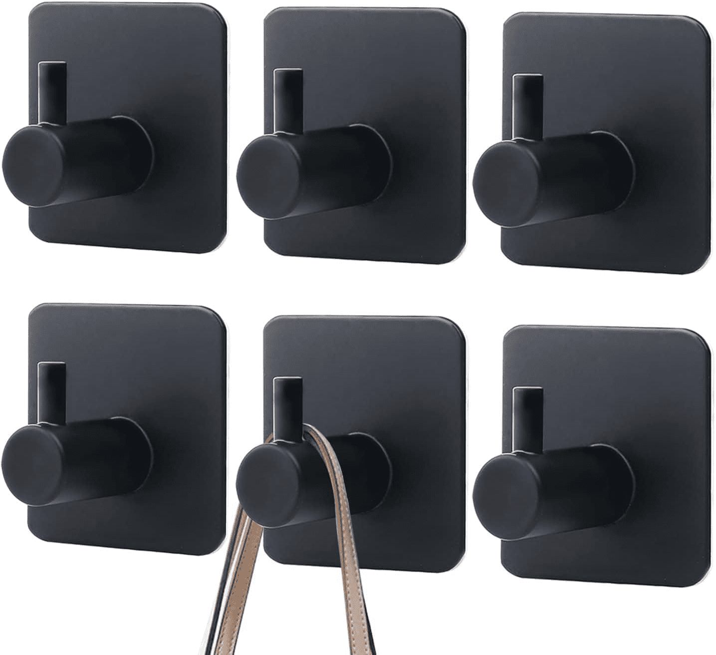 6 Pack Self Adhesive Hooks,Heavy Duty Stick On Wall and Door Hooks for Hanging,Bathroom Towel Hooks and Kitchen Hallway Sticky Black Hooks,Coat Hooks Robe Hook Wall Mounted,Stainless Rustproof