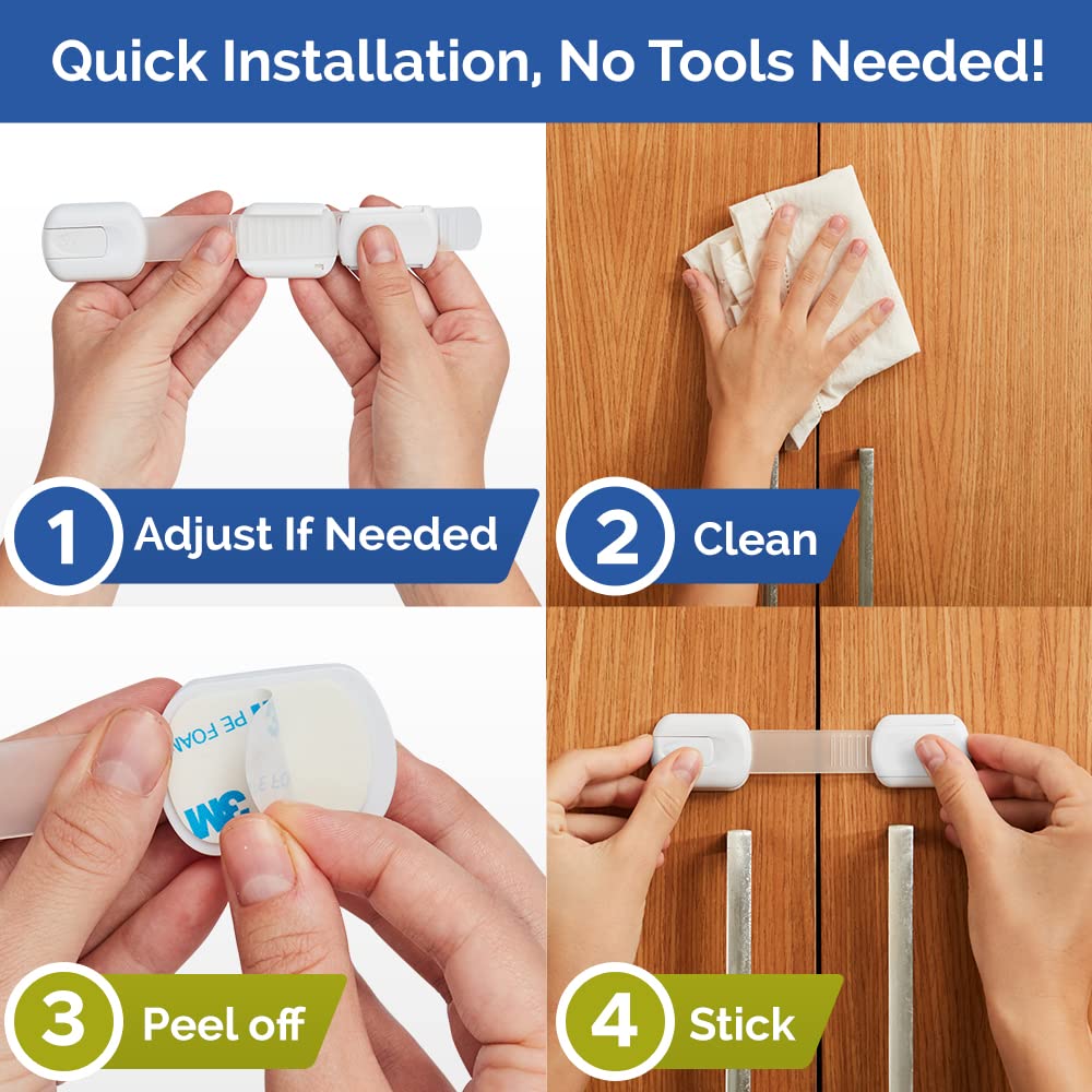 Child Safety Strap Locks (20 Pack) Baby Locks for Cabinets and Drawers, Toilet, Fridge & More. 3M Adhesive Pads. Easy Installation, No Drilling Required, White