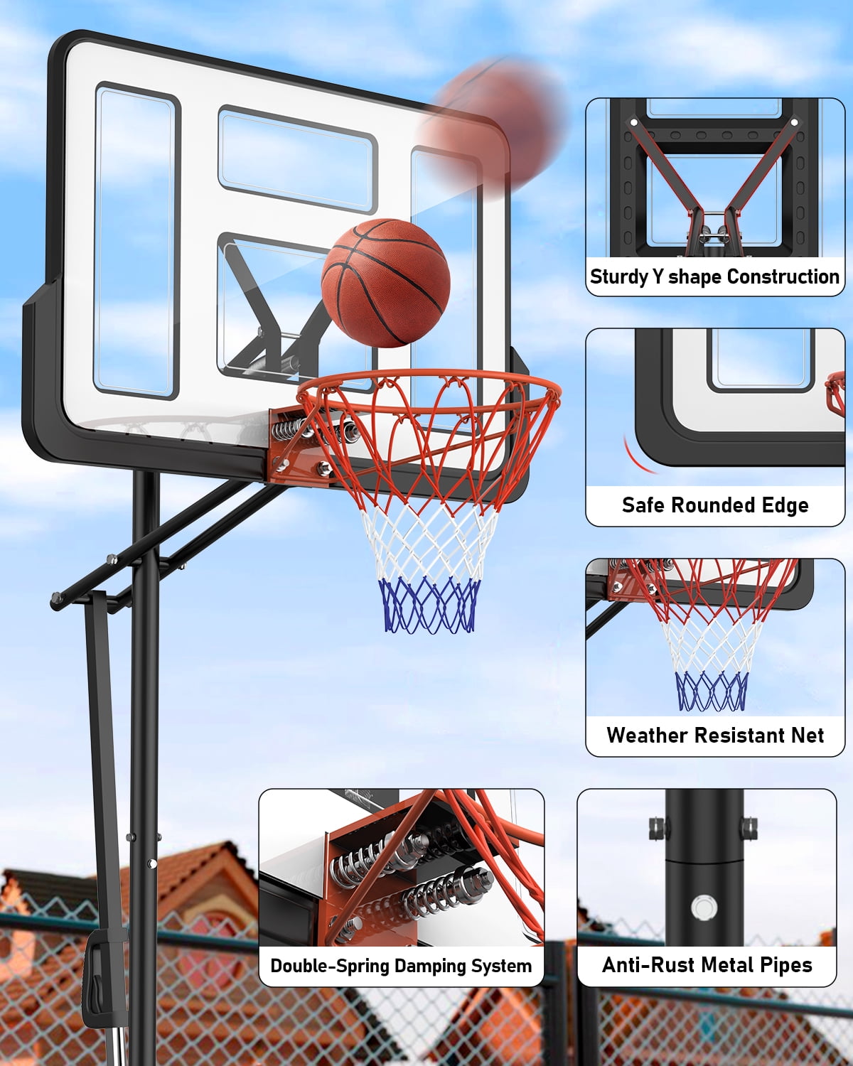 Portable Basketball Hoop Goal 4.75ft-10ft Adjustable, Indoor Outdoor Basketball Hoop System with 44" Shatterproof Backboard and Stand Wheels for Adults Kids Teenagers Youth Junior, Black