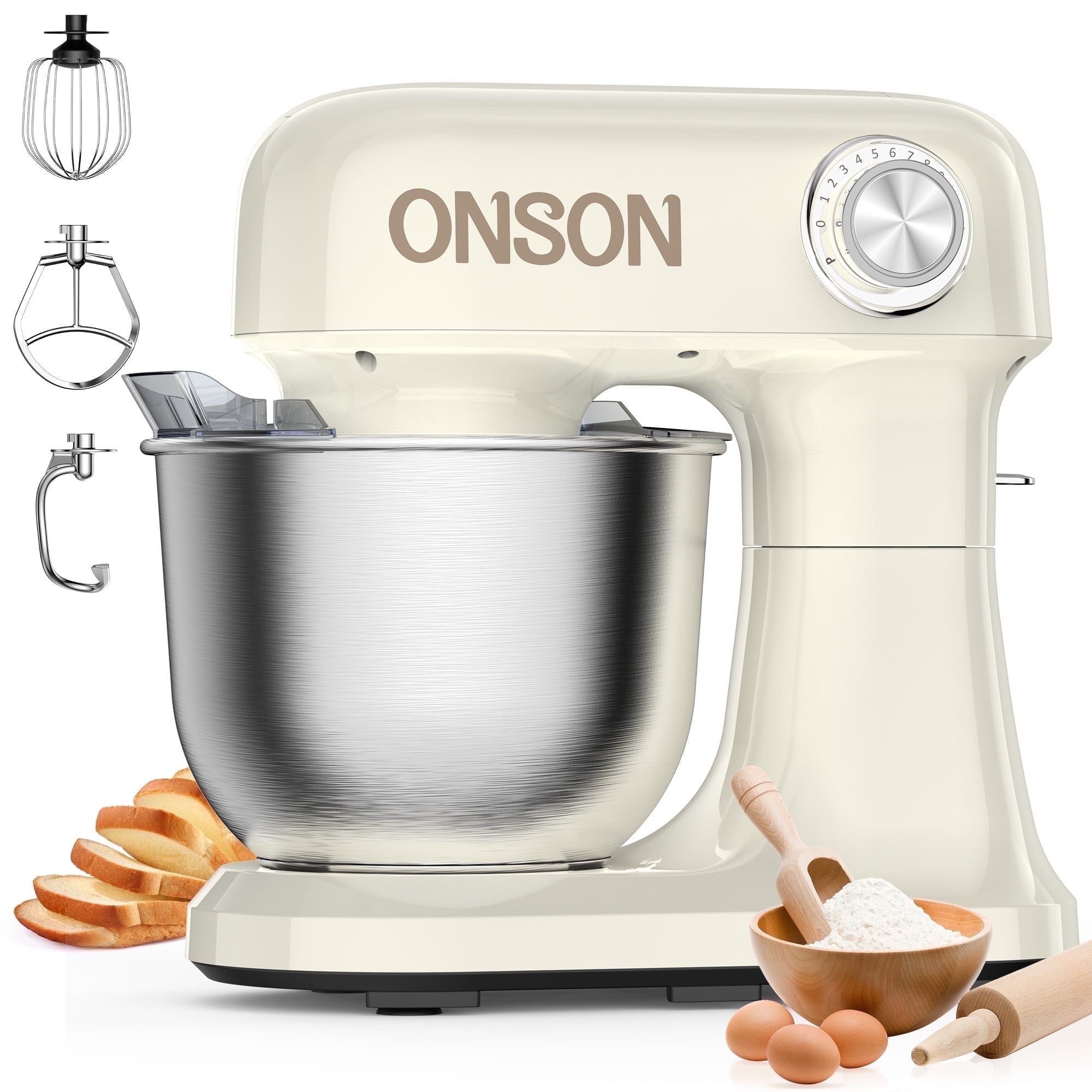 ONSON Stand Mixer, 5 QT, 350W, 12-Speed Electric Mixer with Stainless Steel Bowl, Dough Hook, Whisk & Beater, Milky White