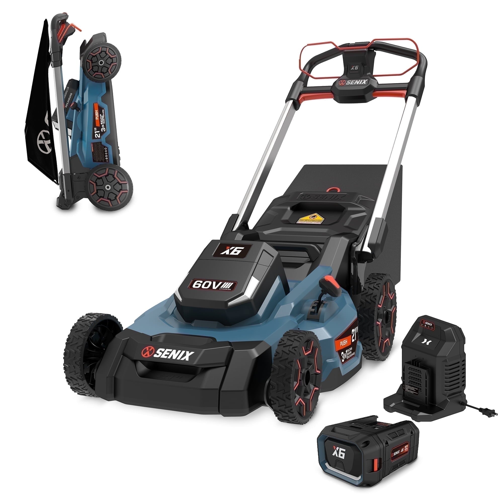 SENIX 60V  Brushless 22in Deck Battery Lawn Mower, 21in Blade, 3-in-1, 7-Position Adjustment, Smart Display Push Mower with 6Ah Battery & 8A Charger, LPPX6-H