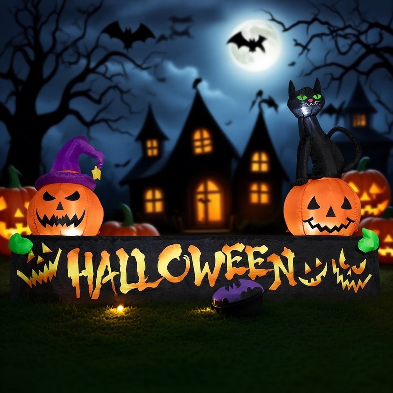 10Ft Long Halloween Inflatable Outdoor Decorations with LED Lights, Happy Halloween Sign with Pumpkin and Cat for Yard Lawn Yard Home Party Indoor Outdoor