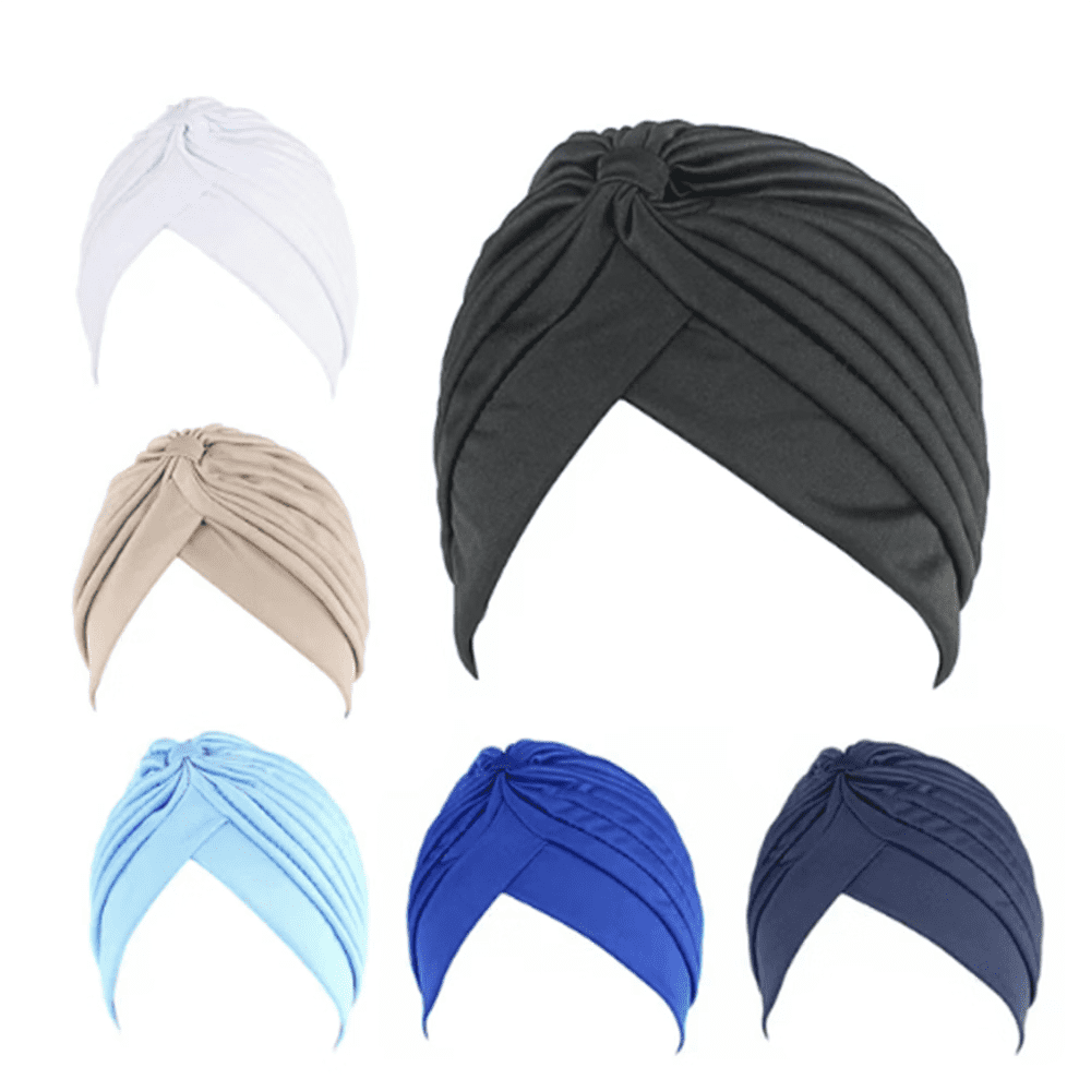 6PCS Turban Hat, Peaoy Solid Color Twisted Pleated Stretchable Chemo Head Cover Headwear Handband Beanie Arabic Head Scarf Bandana Muslim Hijab for Women