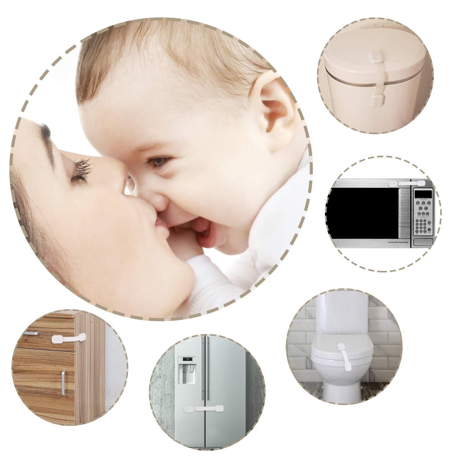 6 Pack DISEN Multi-Use Adhesive Straps Locks - Childproofing Baby Proofing Cabinet Latches for Drawers, Fridge, Dishwasher, Toilet Seat, Cupboard, Oven,Trash Can, No Drilling (White)