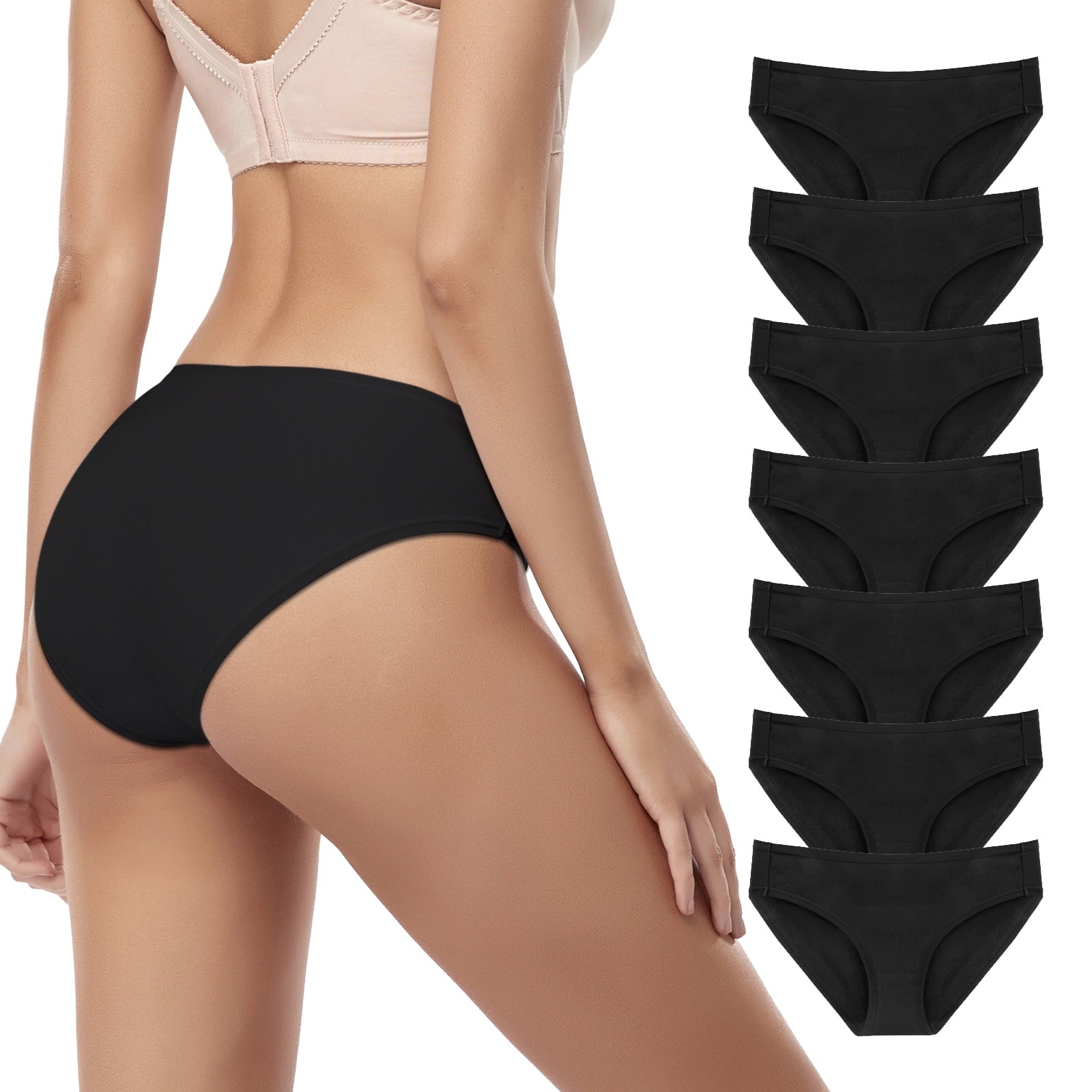 7 Pack Womens Cotton Bikini Underwear Hipster Girls Panties Low Waist Briefs,Black,M