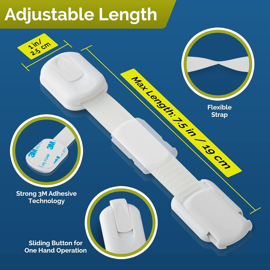 Child Safety Strap Locks (20 Pack) Baby Locks for Cabinets and Drawers, Toilet, Fridge & More. 3M Adhesive Pads. Easy Installation, No Drilling Required, White